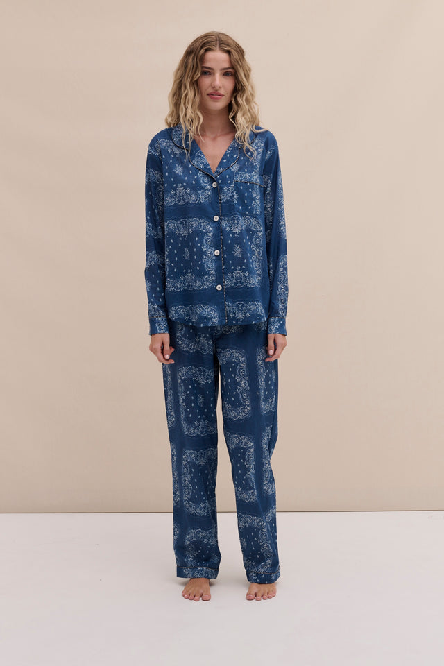 Long Pyjama Set Bandana Print Navy/Cream