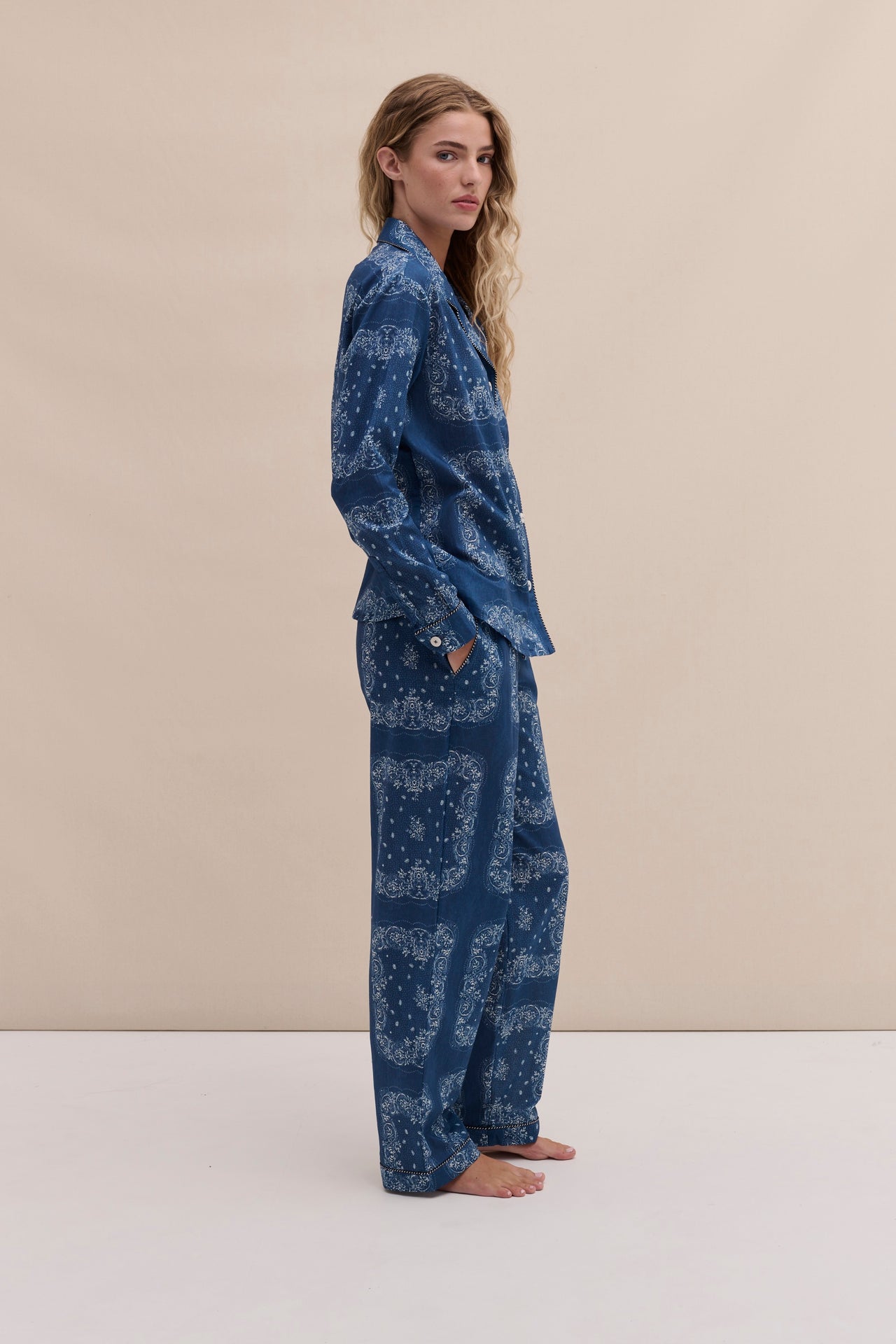 Long Pyjama Set Bandana Print Navy/Cream