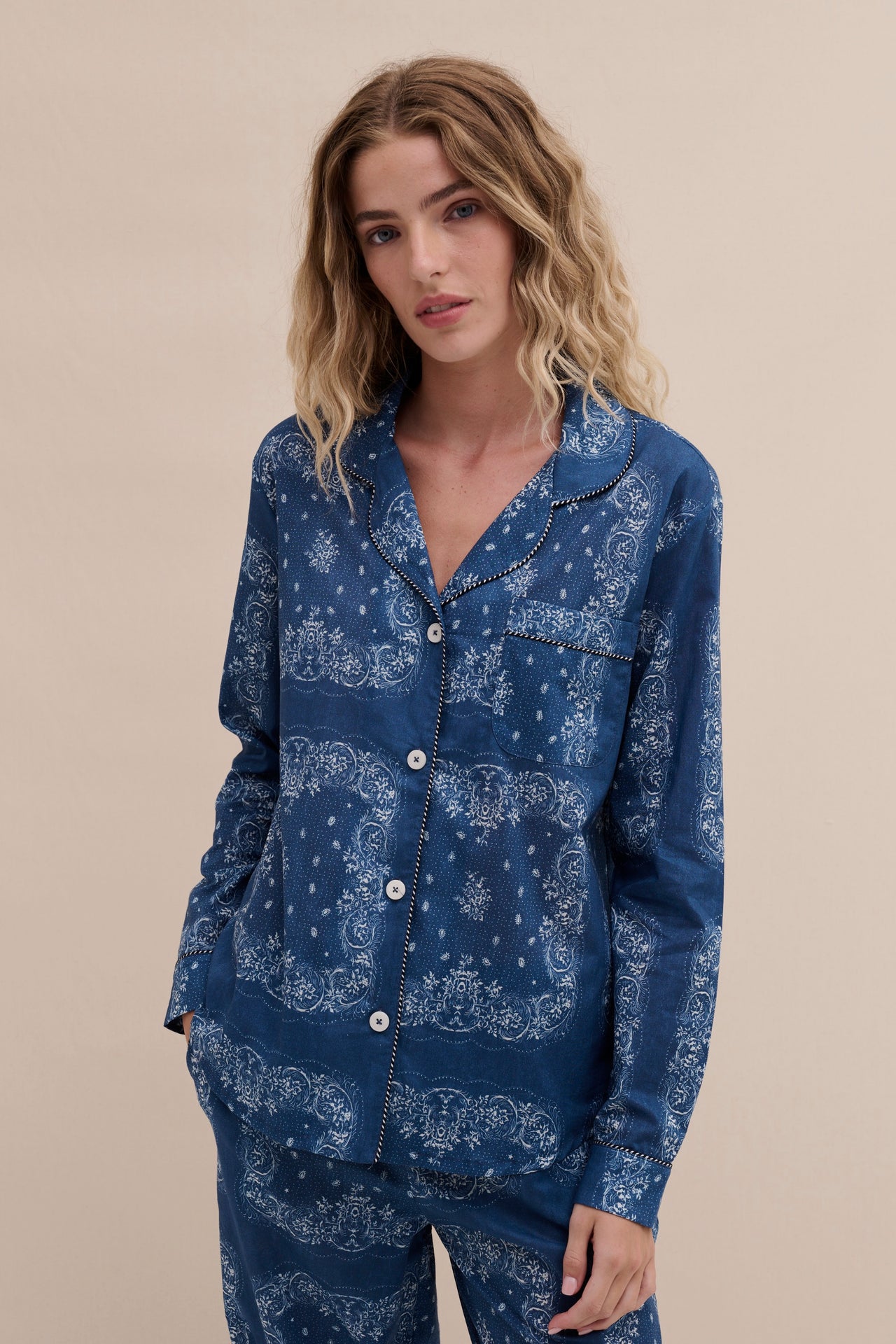 Long Pyjama Set Bandana Print Navy/Cream