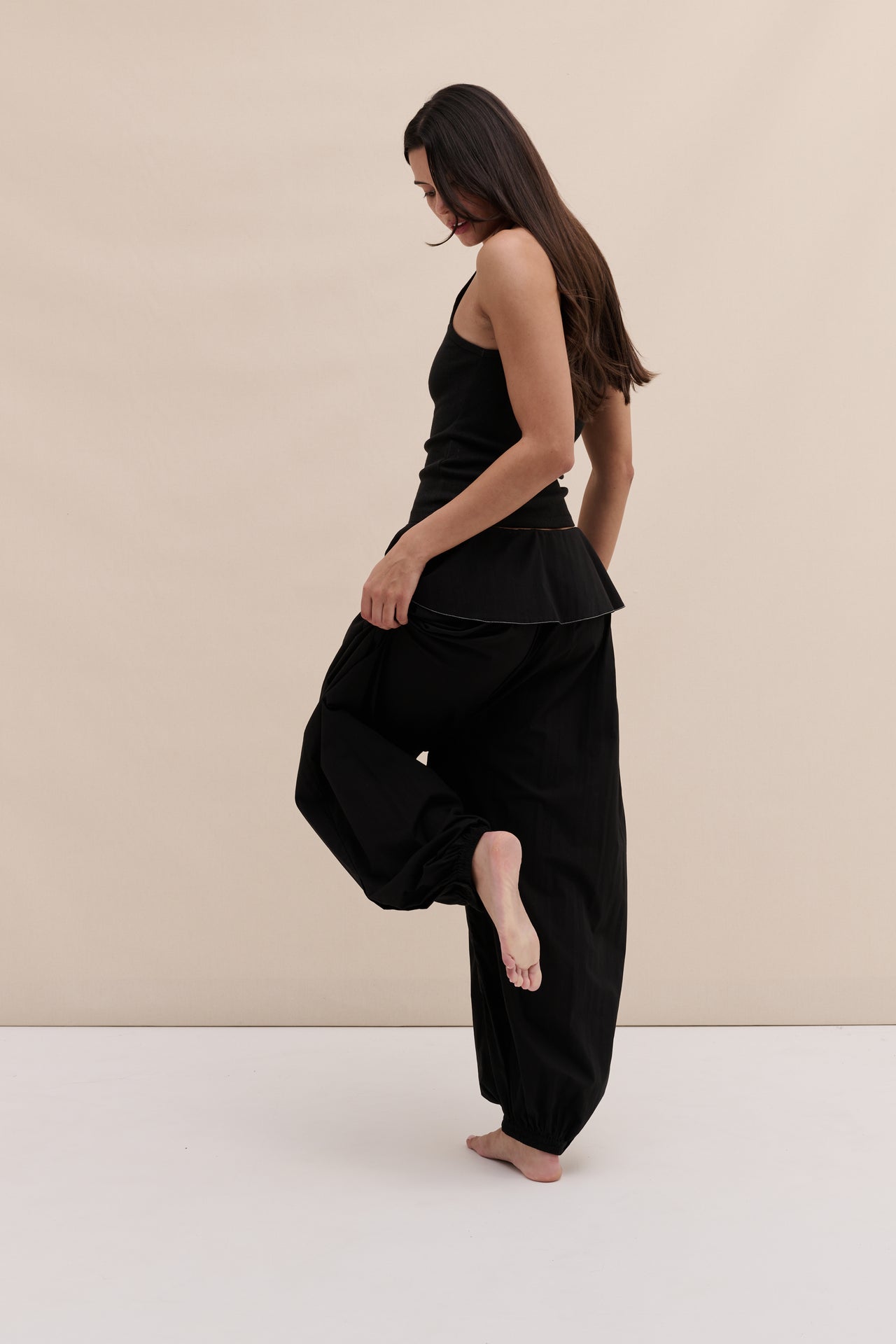 Relaxed Balloon Leg Trousers Contrast Stitch Black