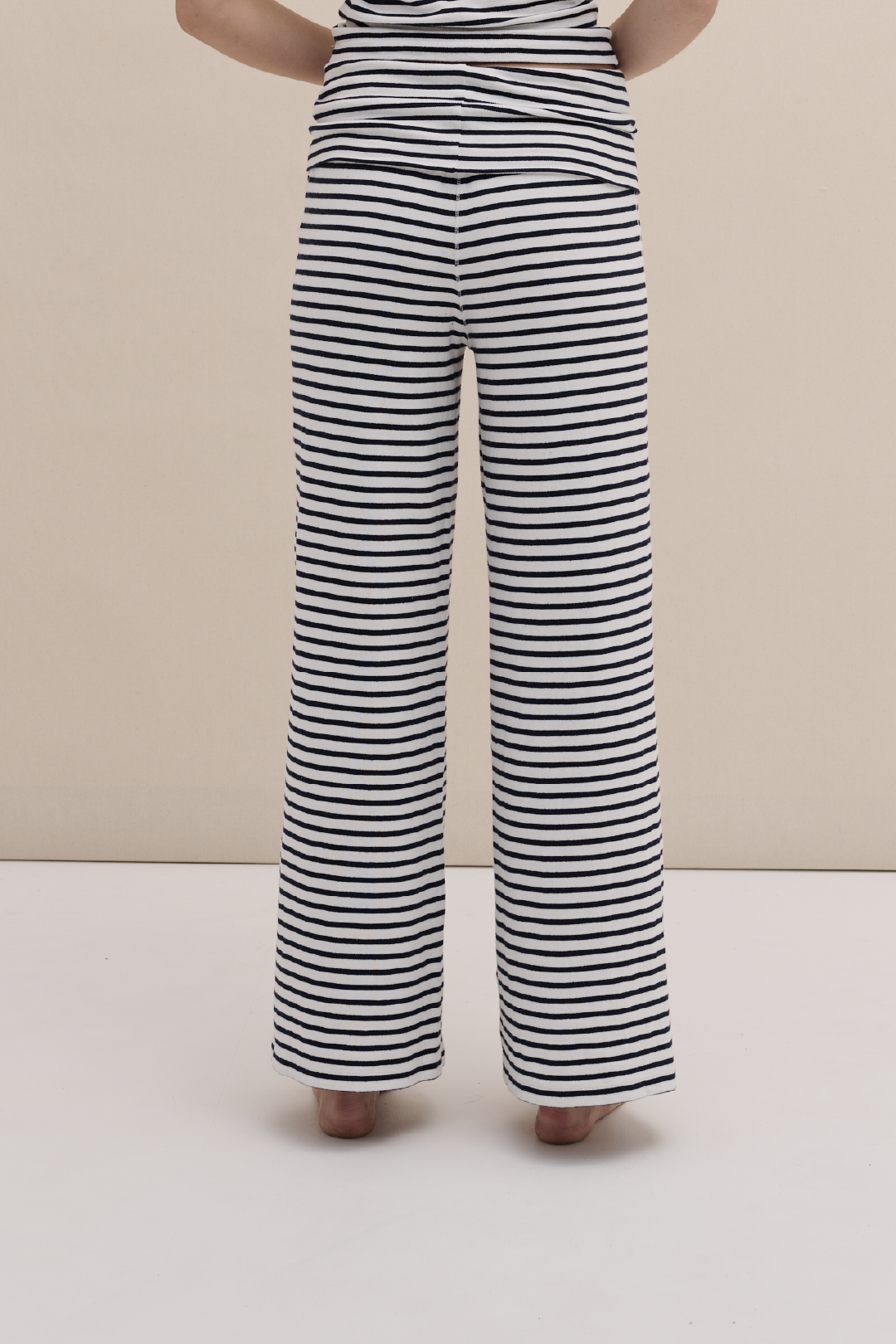 Cotton Jersey Fold Over Trousers Stripe White/Navy