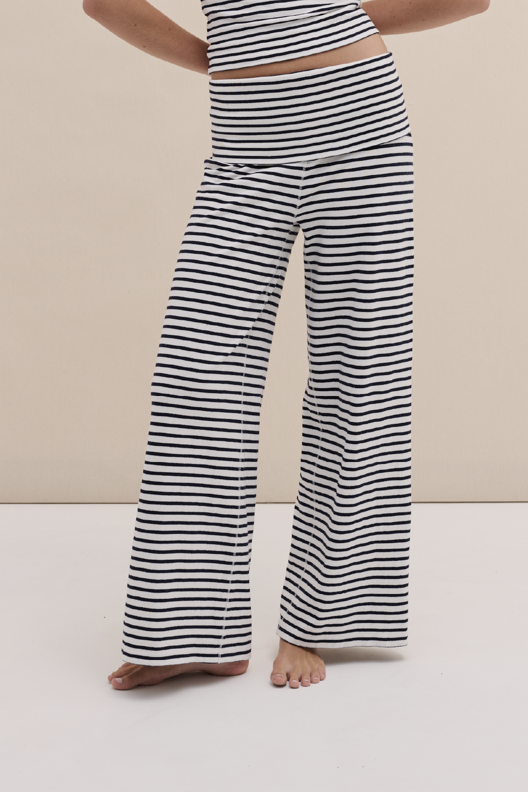 Cotton Jersey Fold Over Trousers Stripe White/Navy
