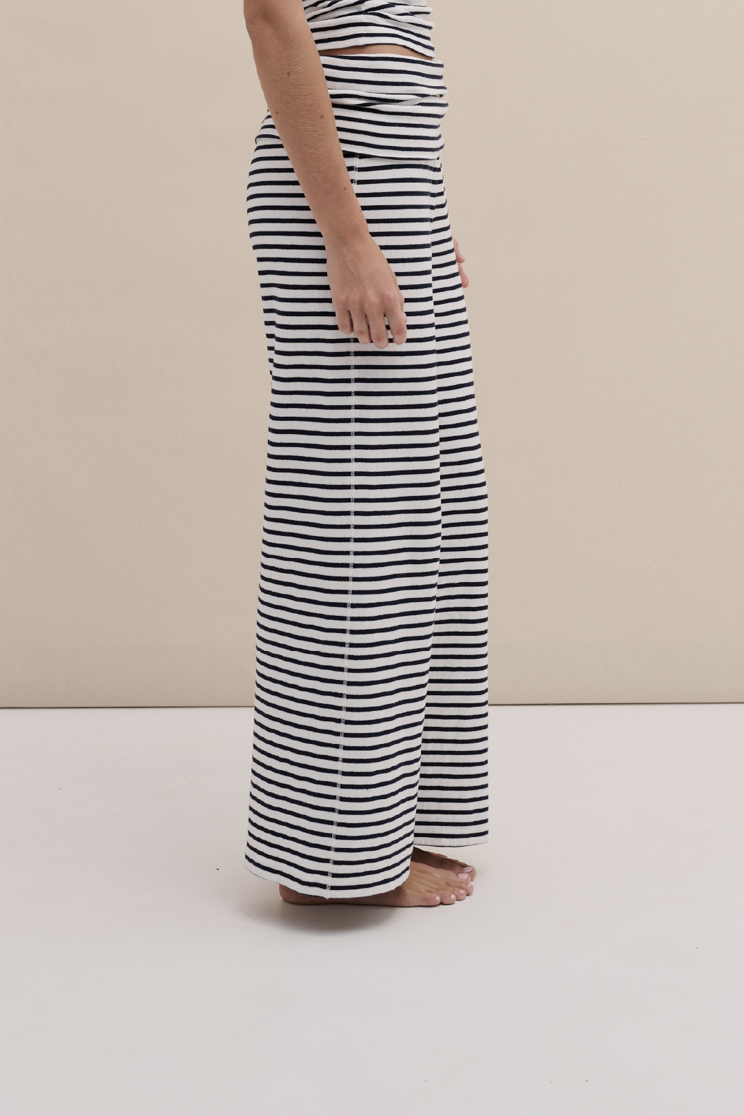 Cotton Jersey Fold Over Trousers Stripe White/Navy