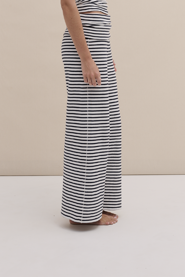 Cotton Jersey Fold Over Trousers Stripe White/Navy