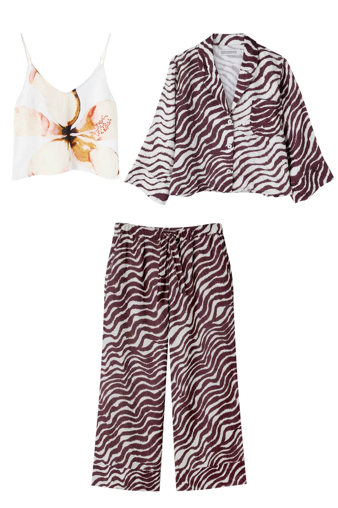 Boxy Shirt, Cami Top and Wide Leg Trouser Set Hibiscus/Tide Print Yellow/Cocoa/Cream Linen