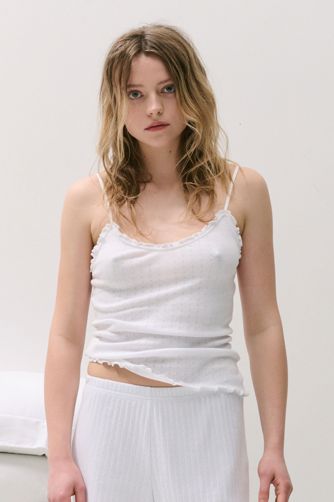 Pointelle Soft V Tank Top White