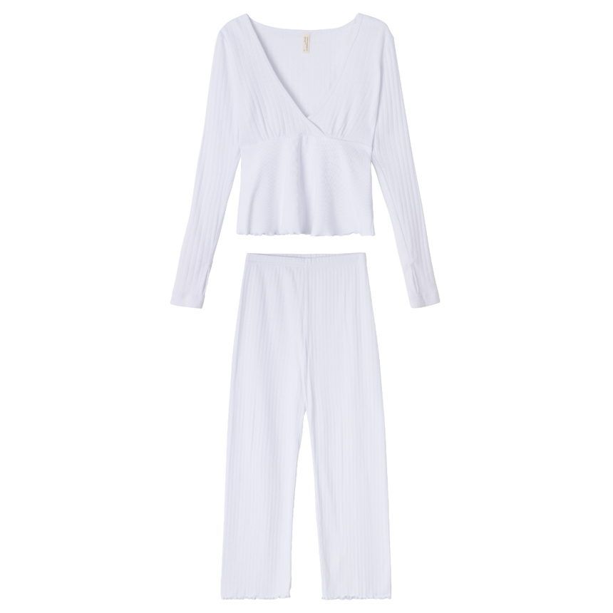 Pointelle Long Sleeve Top &amp; Trouser Set White