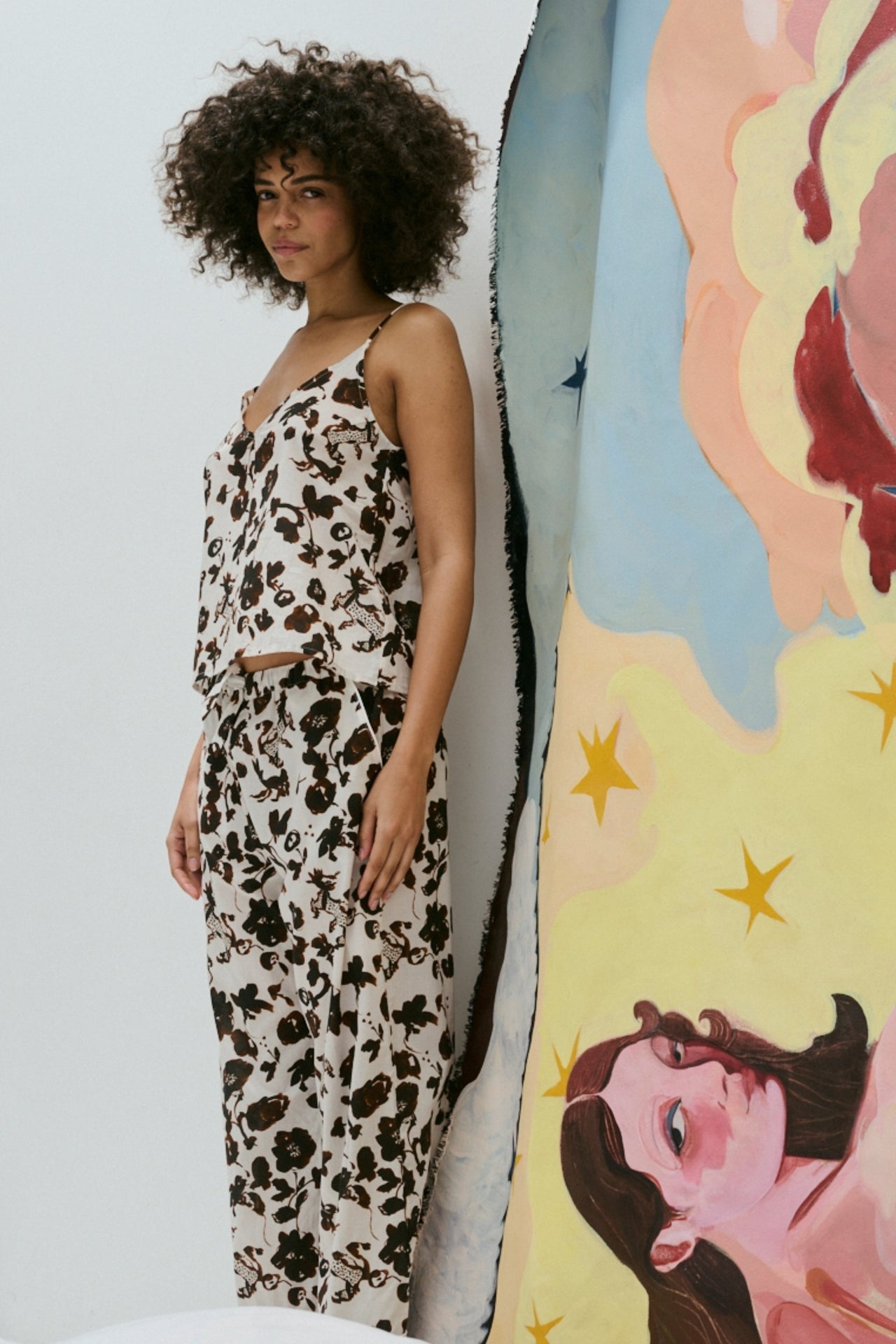 Cami Top and Wide Leg Trouser Set Bunny Cream/Brown