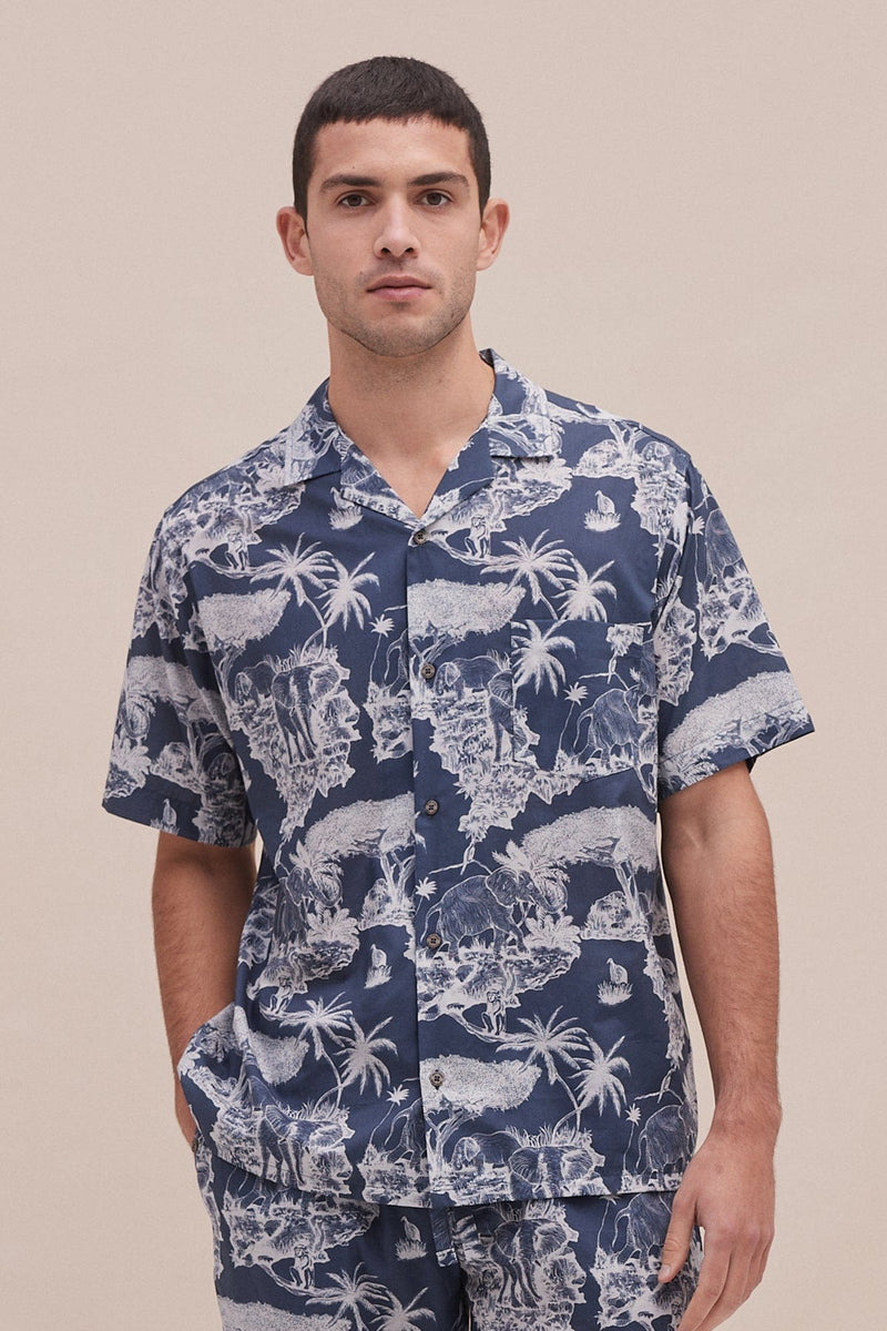 Men’s Cuban Pyjama Shirt Loxodonta Print Navy