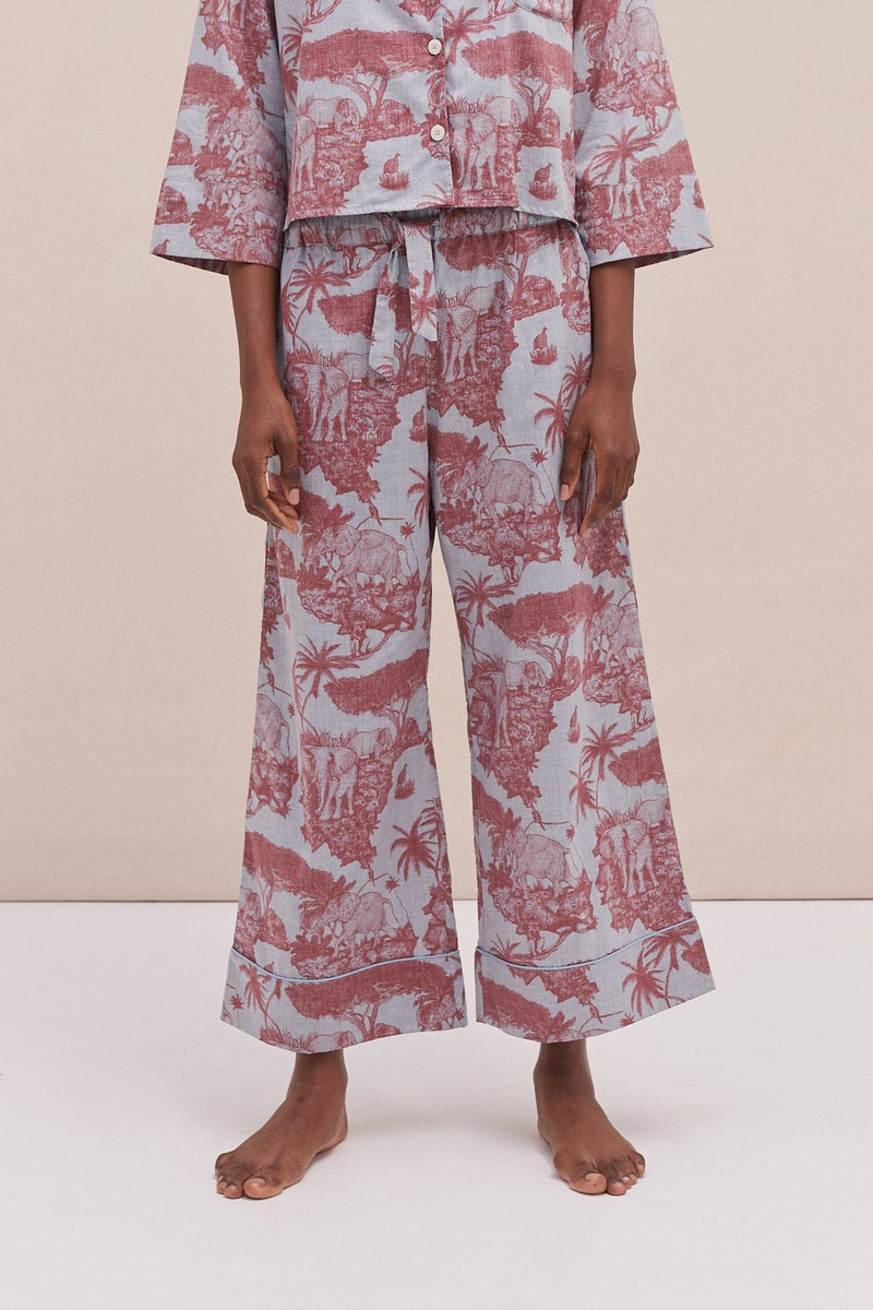 Wide Leg Pyjama Trousers Loxodonta Print Chambray/Red