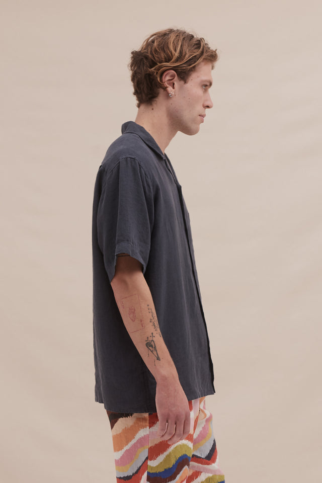 Men’s Cuban Pyjama Shirt Petrol Linen