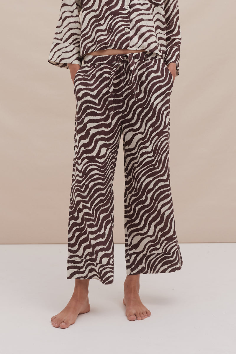 Wide Leg Pyjama Trousers Tide Print Cocoa/Cream Linen