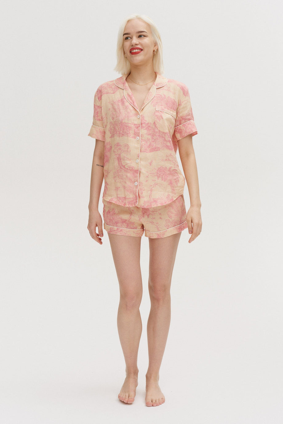 Short Pyjama Set Lowland Rainforest Print Pink Linen