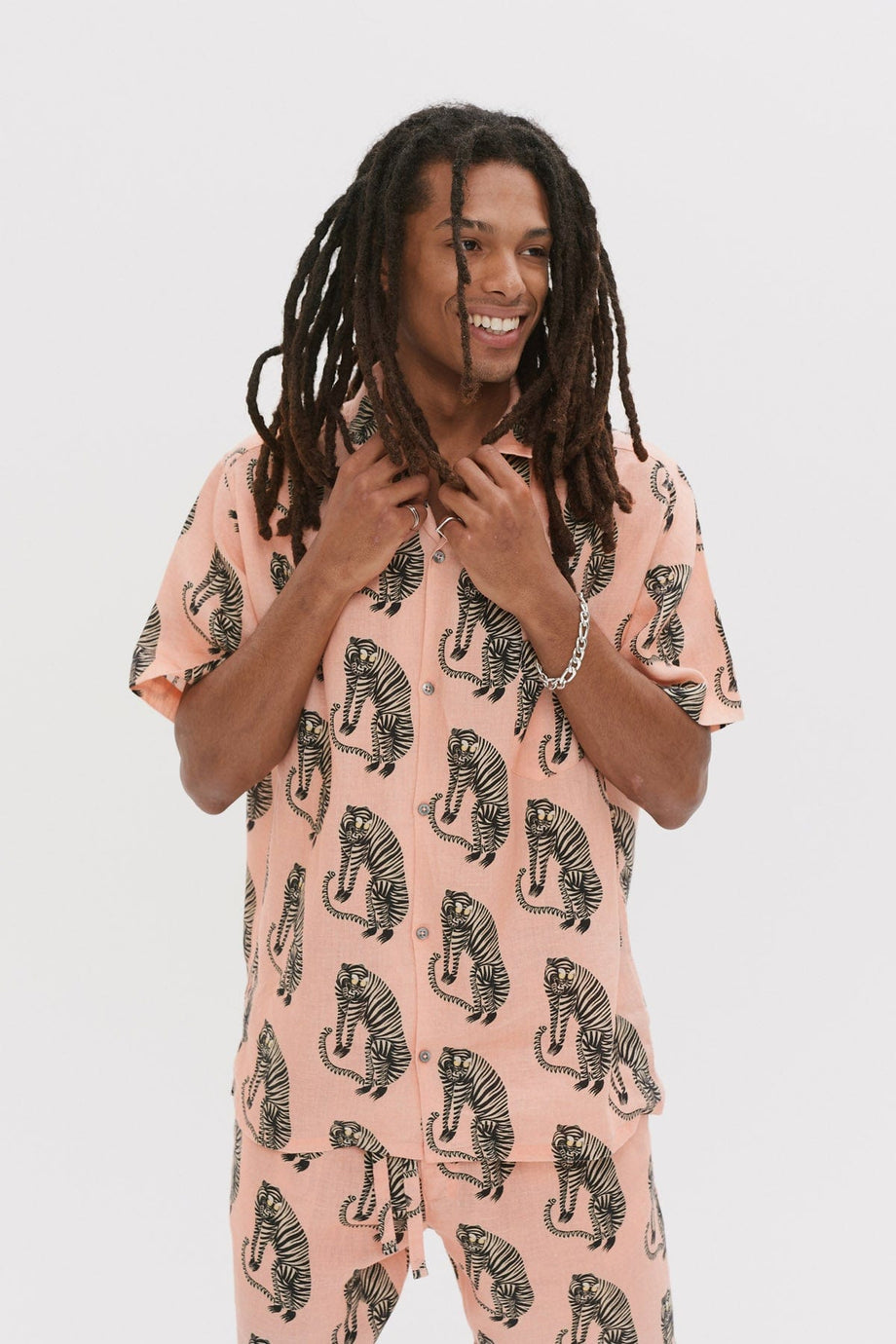 Men’s Cuban Pyjama Shirt Sansindo Tiger Print Pink Linen