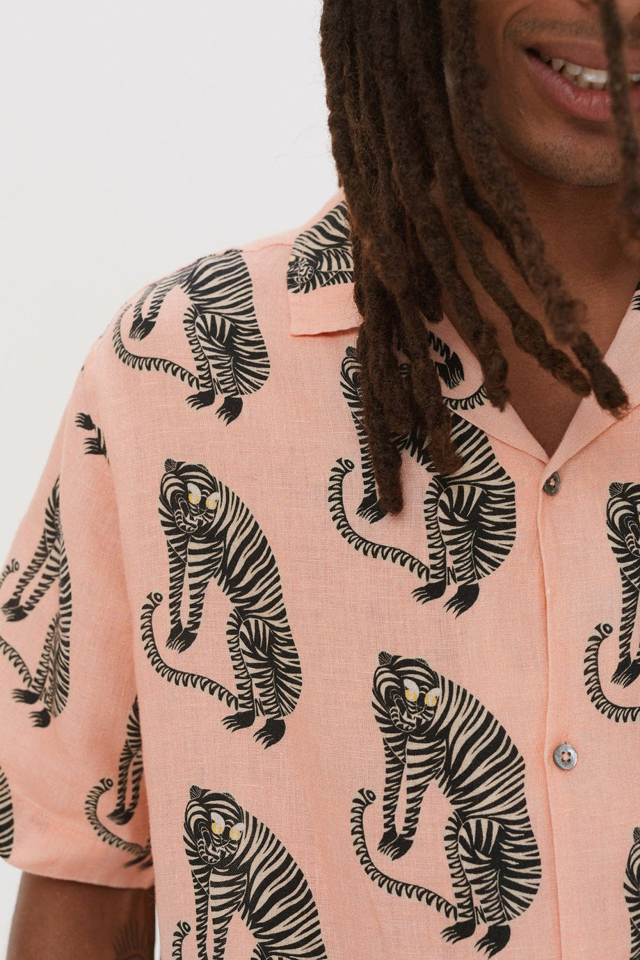 Men’s Cuban Pyjama Shirt Sansindo Tiger Print Pink Linen