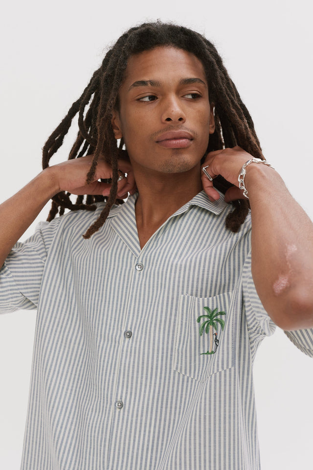 Men's Embroidered Cuban Pyjama Shirt Summer Oxford Stripe Blue