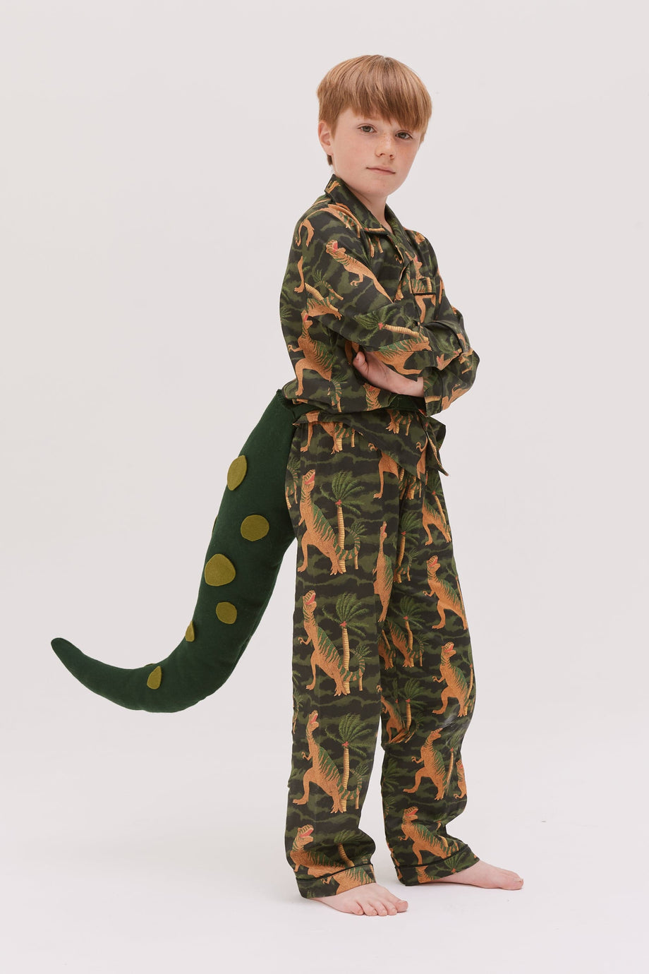 Kids' Long Pyjama Set T. Rex Print Black/Cargo Green