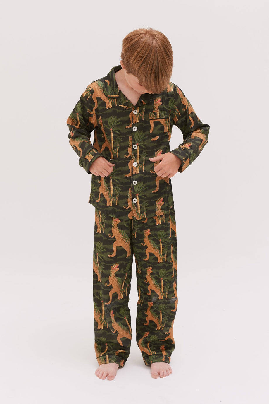 Kids' Long Pyjama Set T. Rex Print Black/Cargo Green