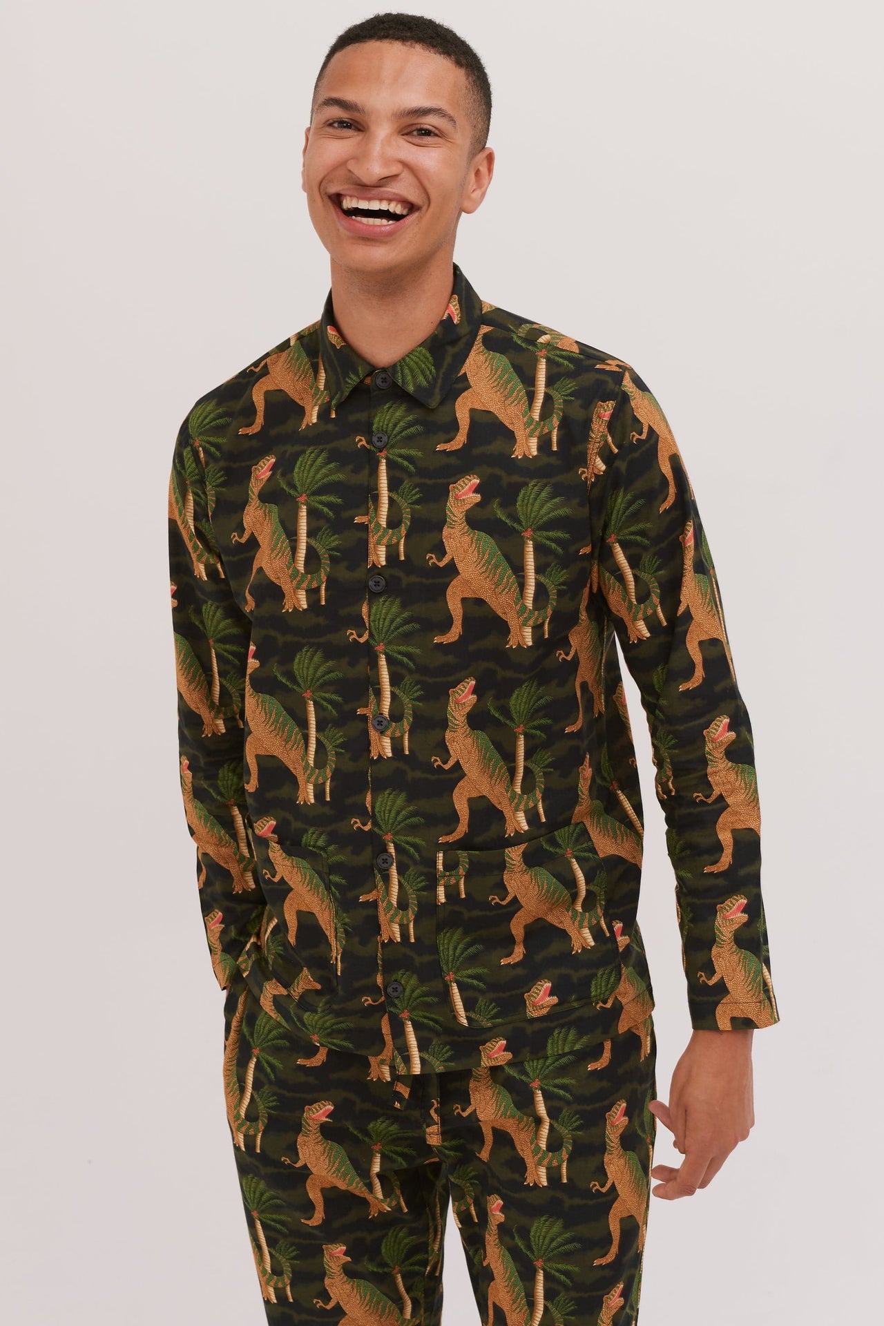 Men’s Pocket Pyjama Set T. Rex Print Black/Cargo Green