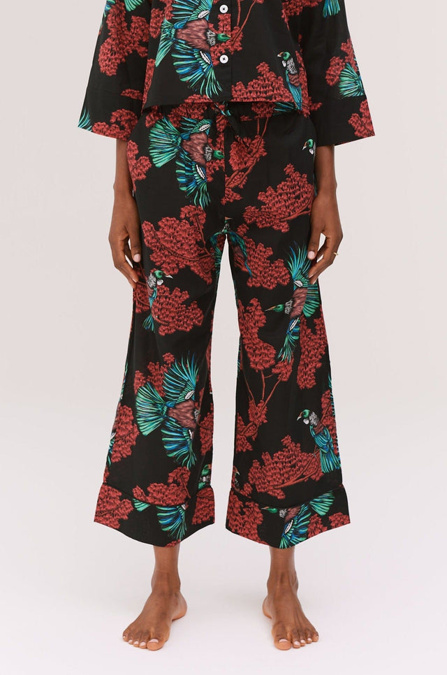 Wide Leg Pyjama Trousers Passerine Print Black/Red