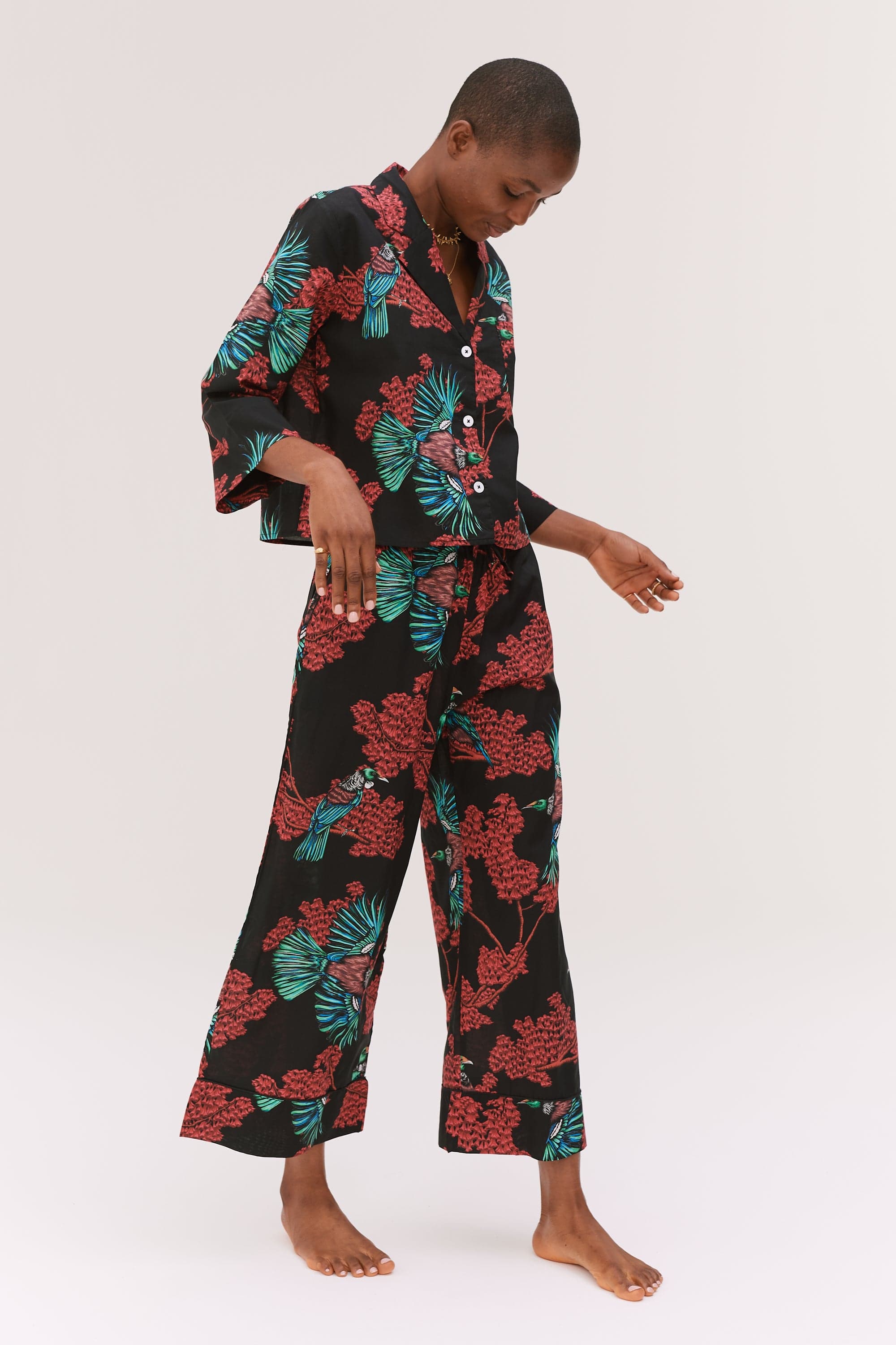 Wide Leg Pyjama Trousers Passerine Print Black Red