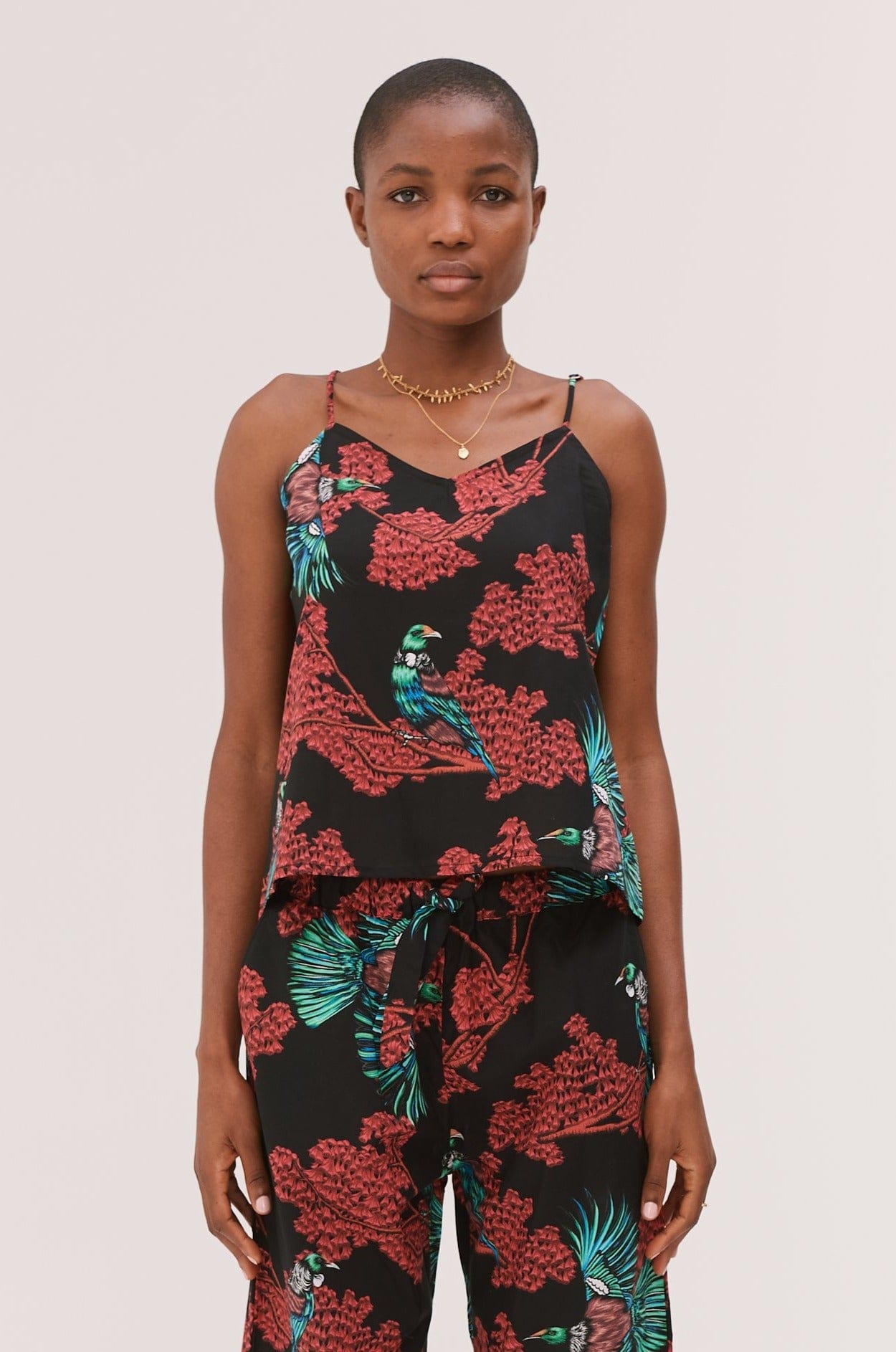 Cami Top Passerine Print Black/Red