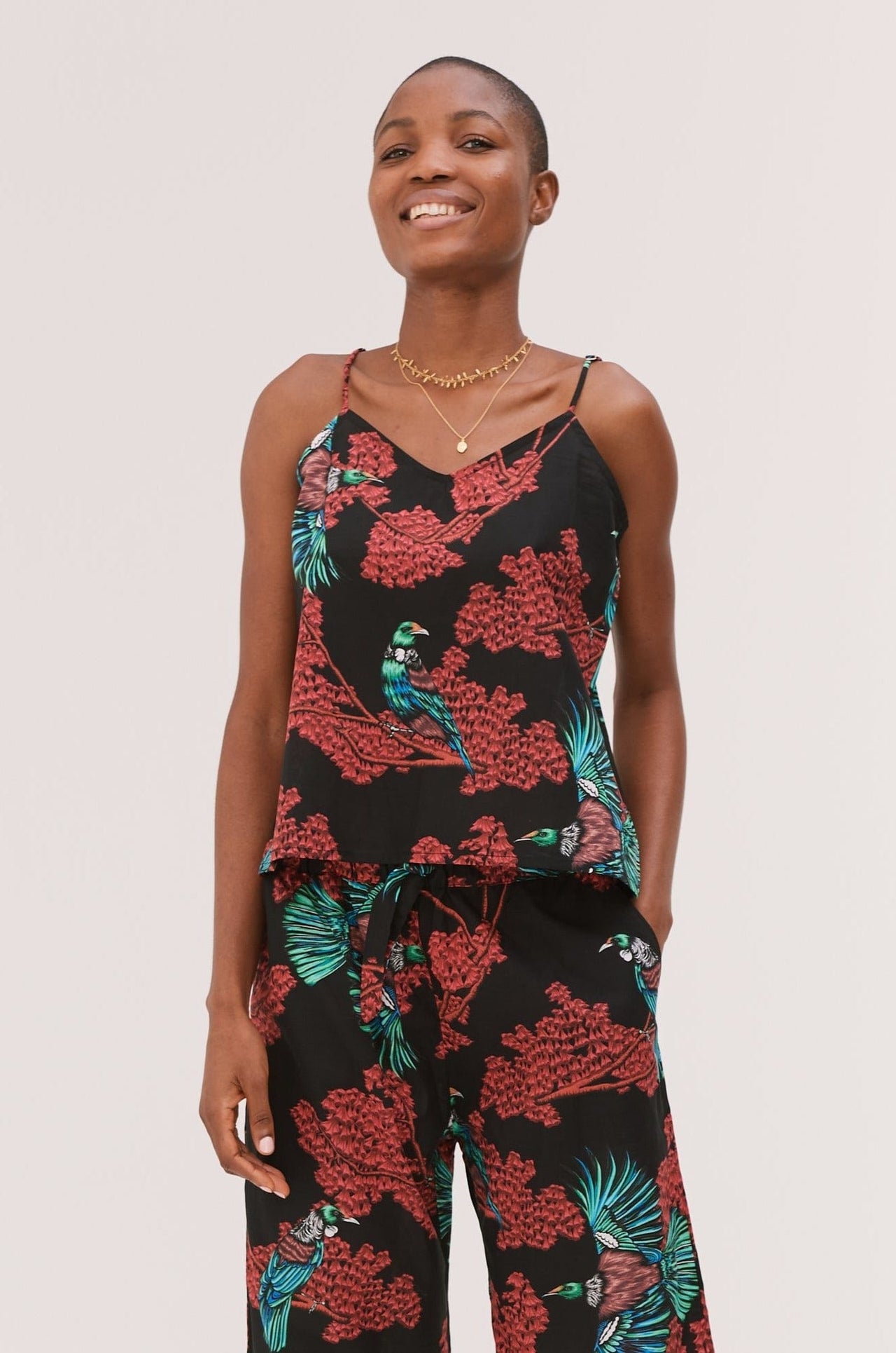 Cami Top Passerine Print Black/Red