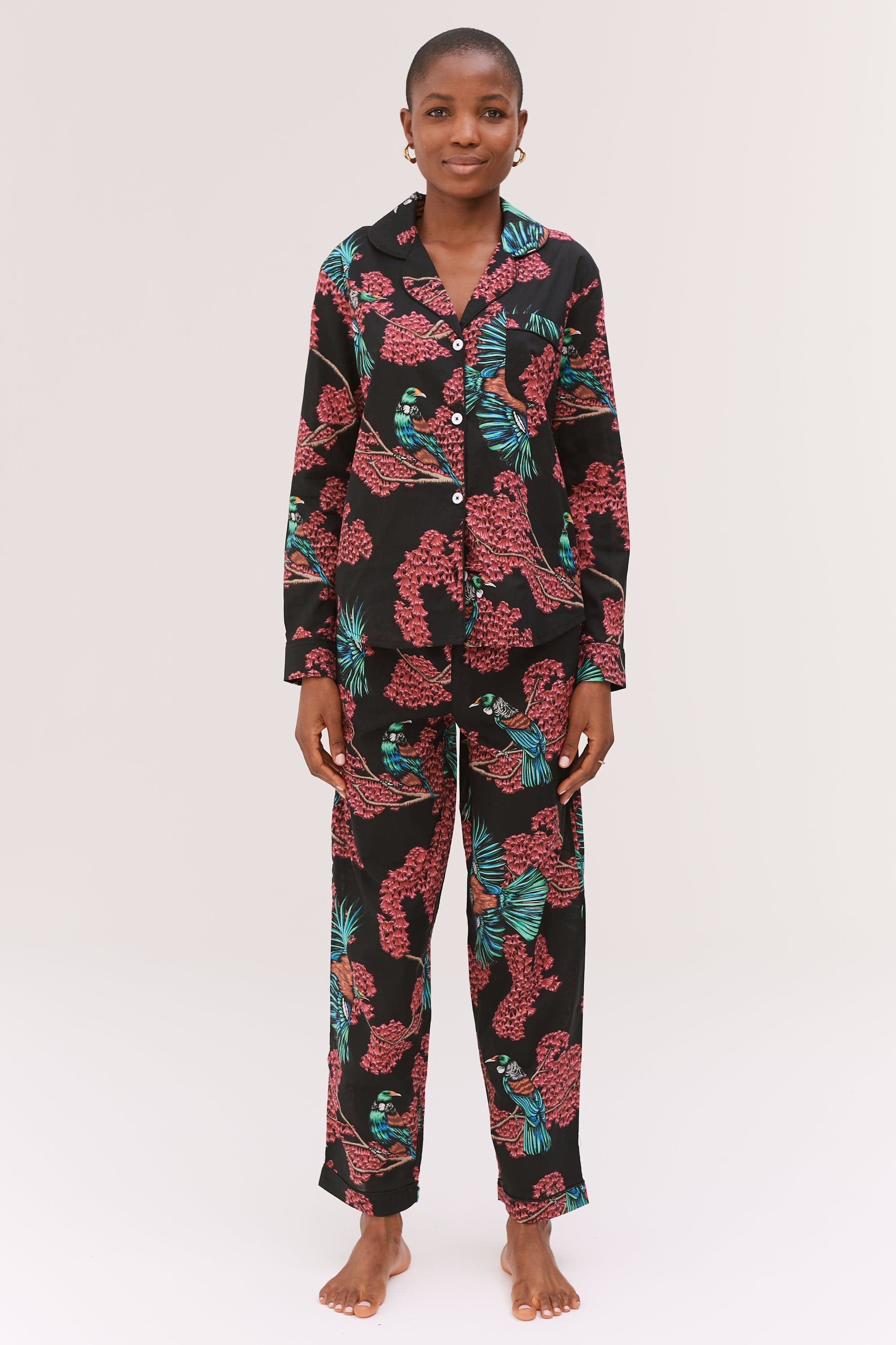 Long Pyjama Set Passerine Print Black Red