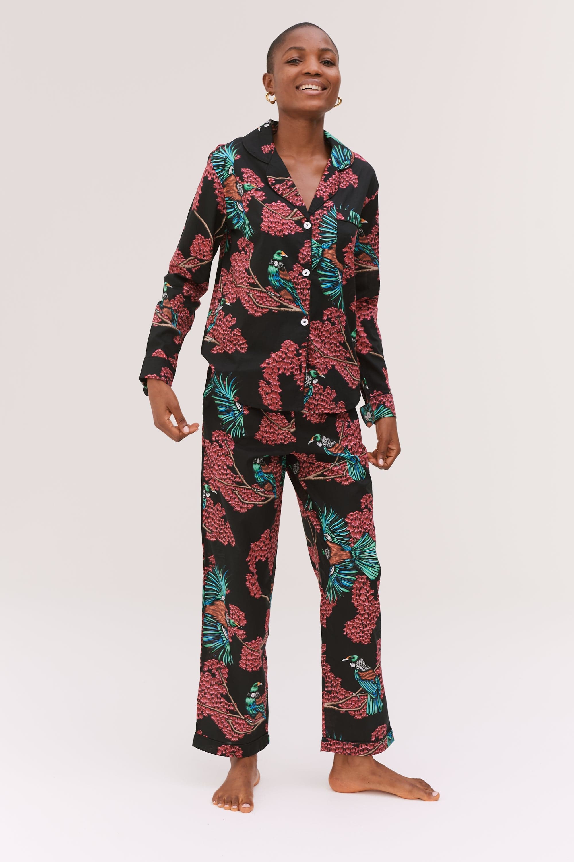 Long Pyjama Set Passerine Print Black Red Desmond Dempsey