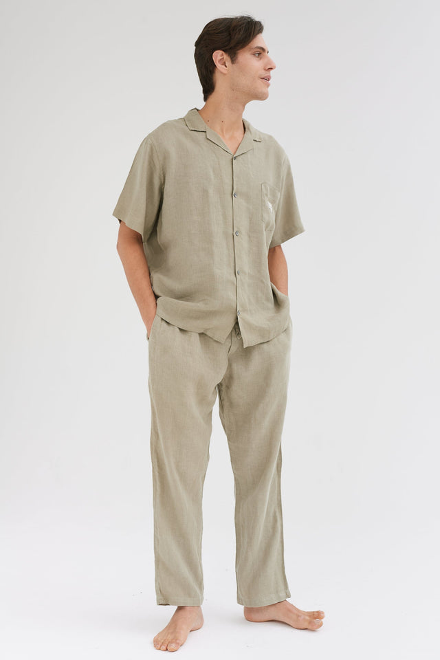 Men’s Cuban Long Pyjama Set Cargo Green Linen