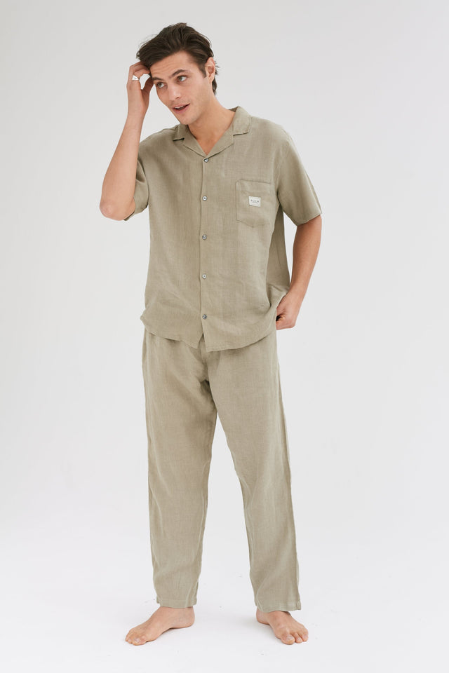 Men’s Cuban Long Pyjama Set Cargo Green Linen