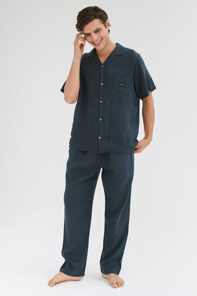 Men’s Cuban Long Pyjama Set Petrol Linen