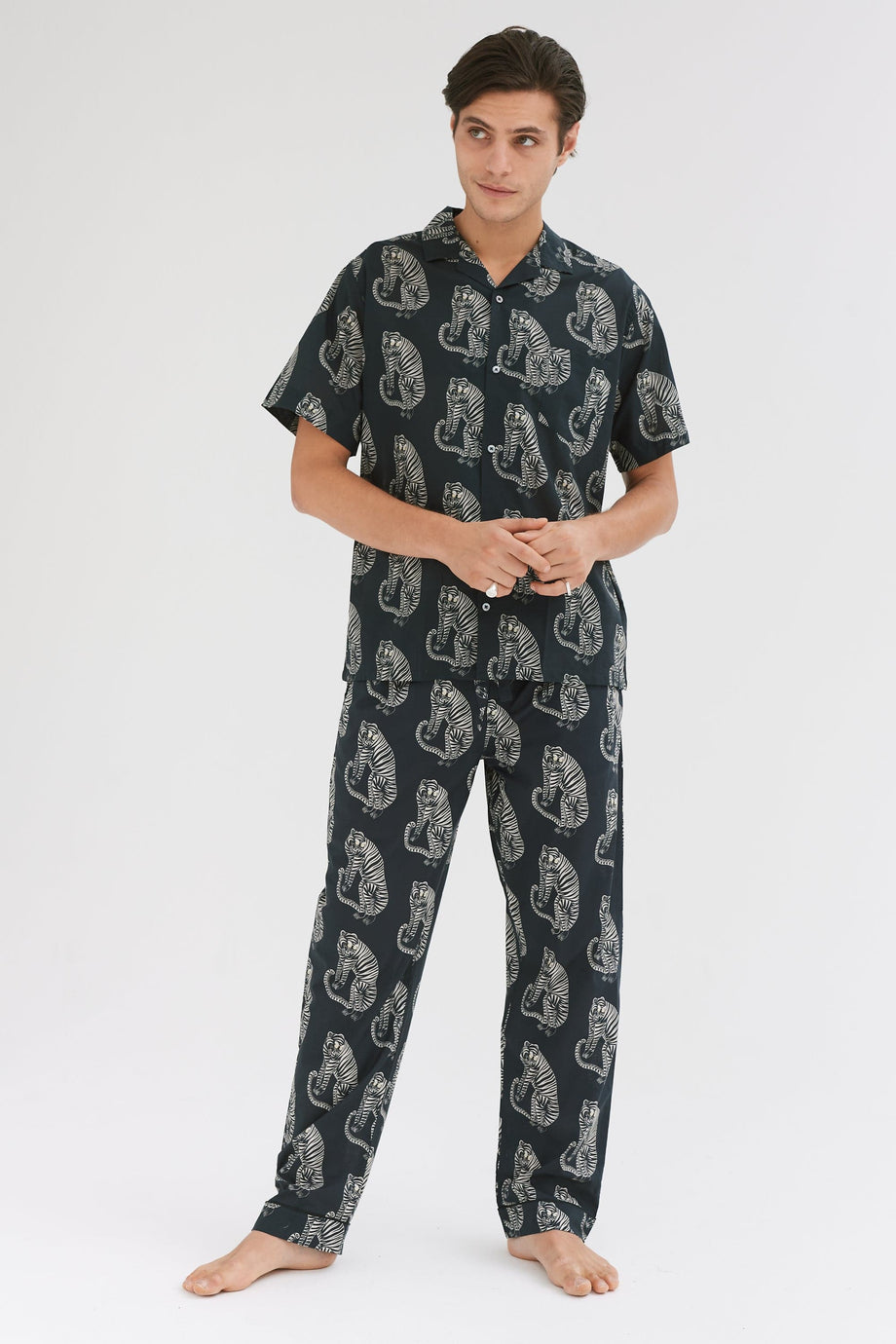 Men’s Cuban Long Pyjama Set Sansindo Tiger Print Black/Cream