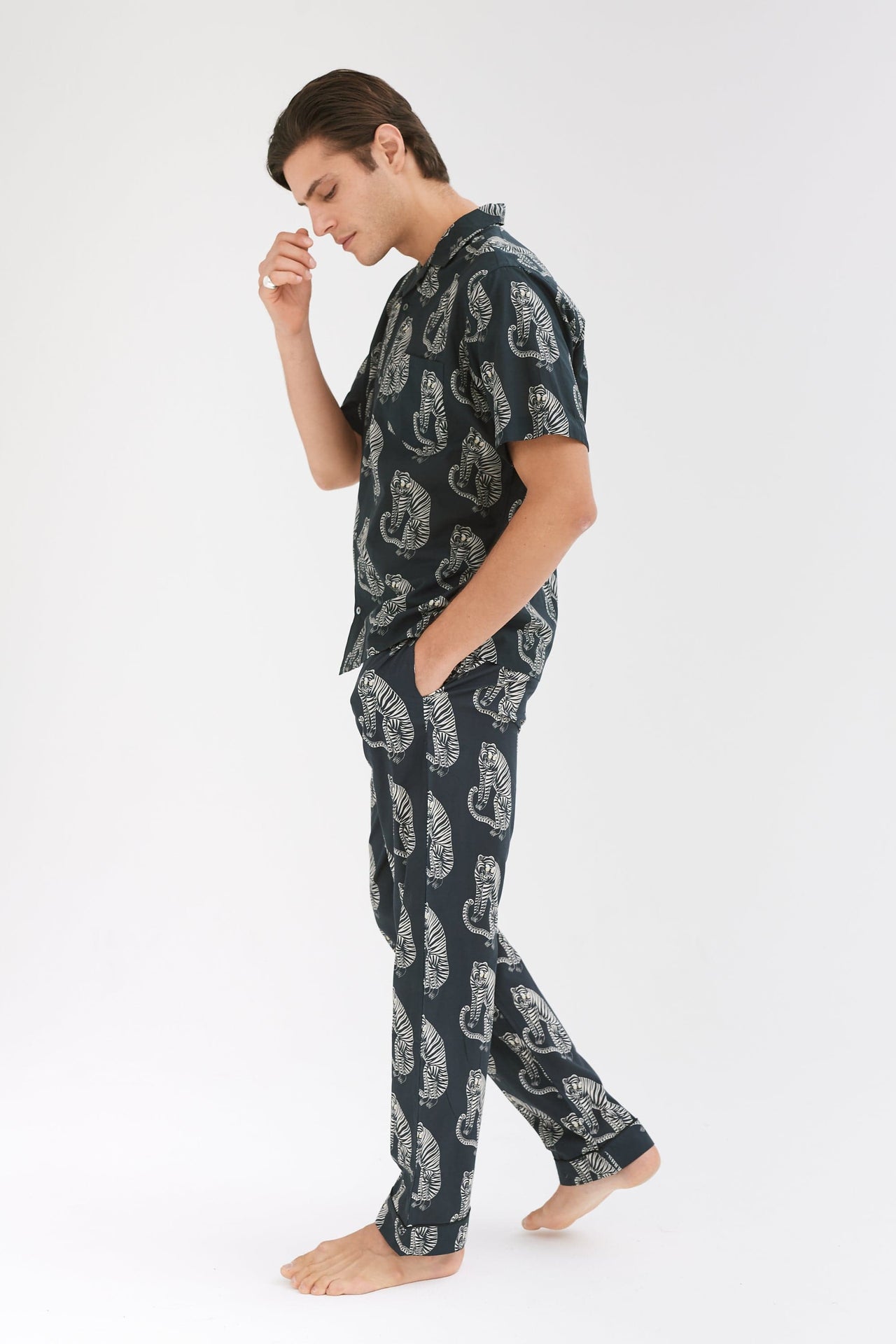 Men’s Cuban Long Pyjama Set Sansindo Tiger Print Black/Cream