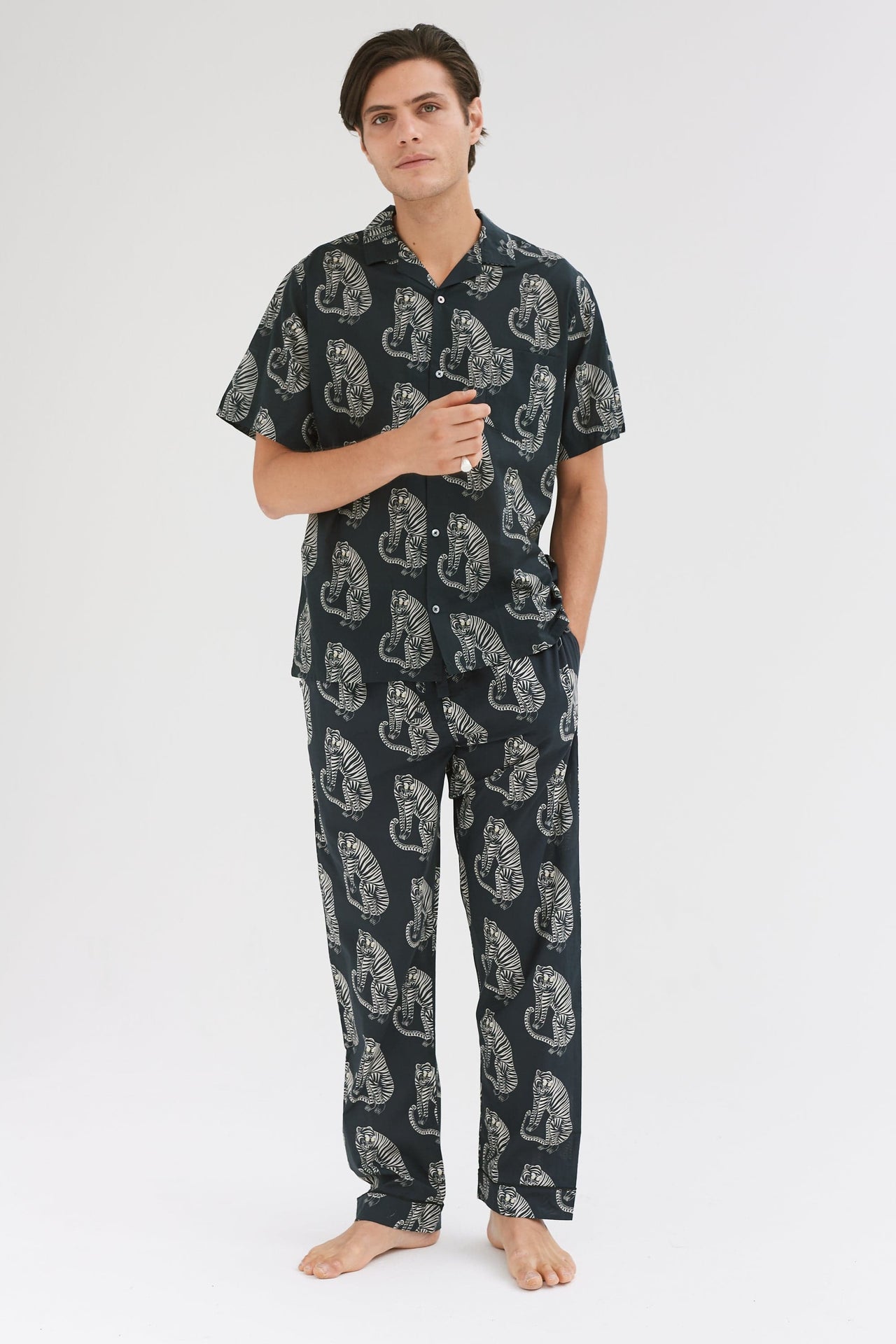 Men’s Cuban Long Pyjama Set Sansindo Tiger Print Black/Cream