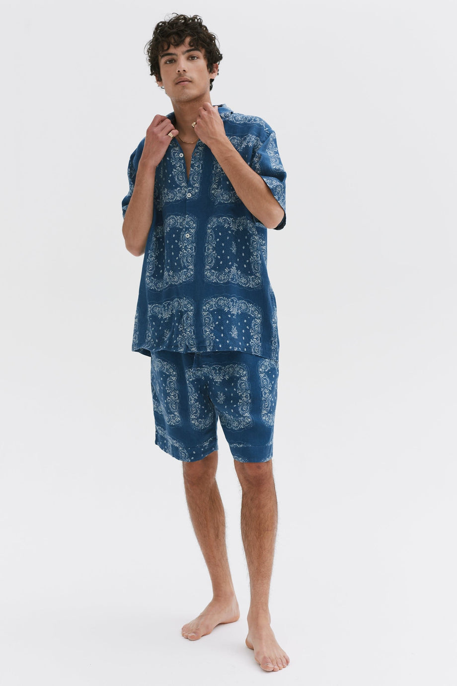 Men’s Cuban Pyjama Set Bandana Print Navy/Cream Linen