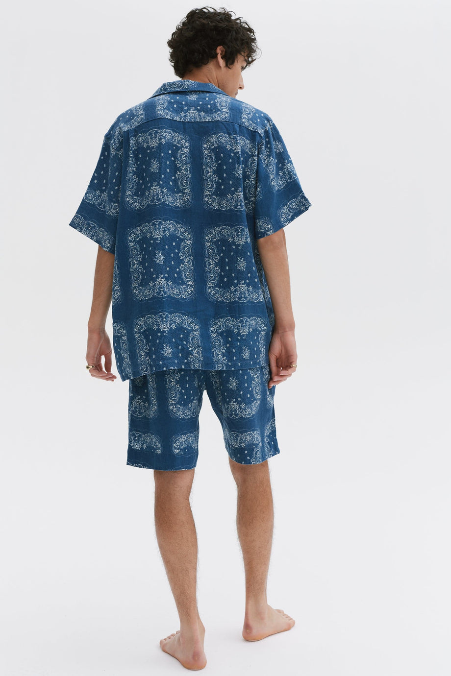 Men’s Cuban Pyjama Set Bandana Print Navy/Cream Linen