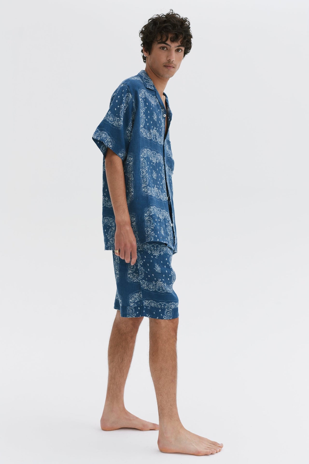 Men’s Cuban Pyjama Set Bandana Print Navy/Cream Linen
