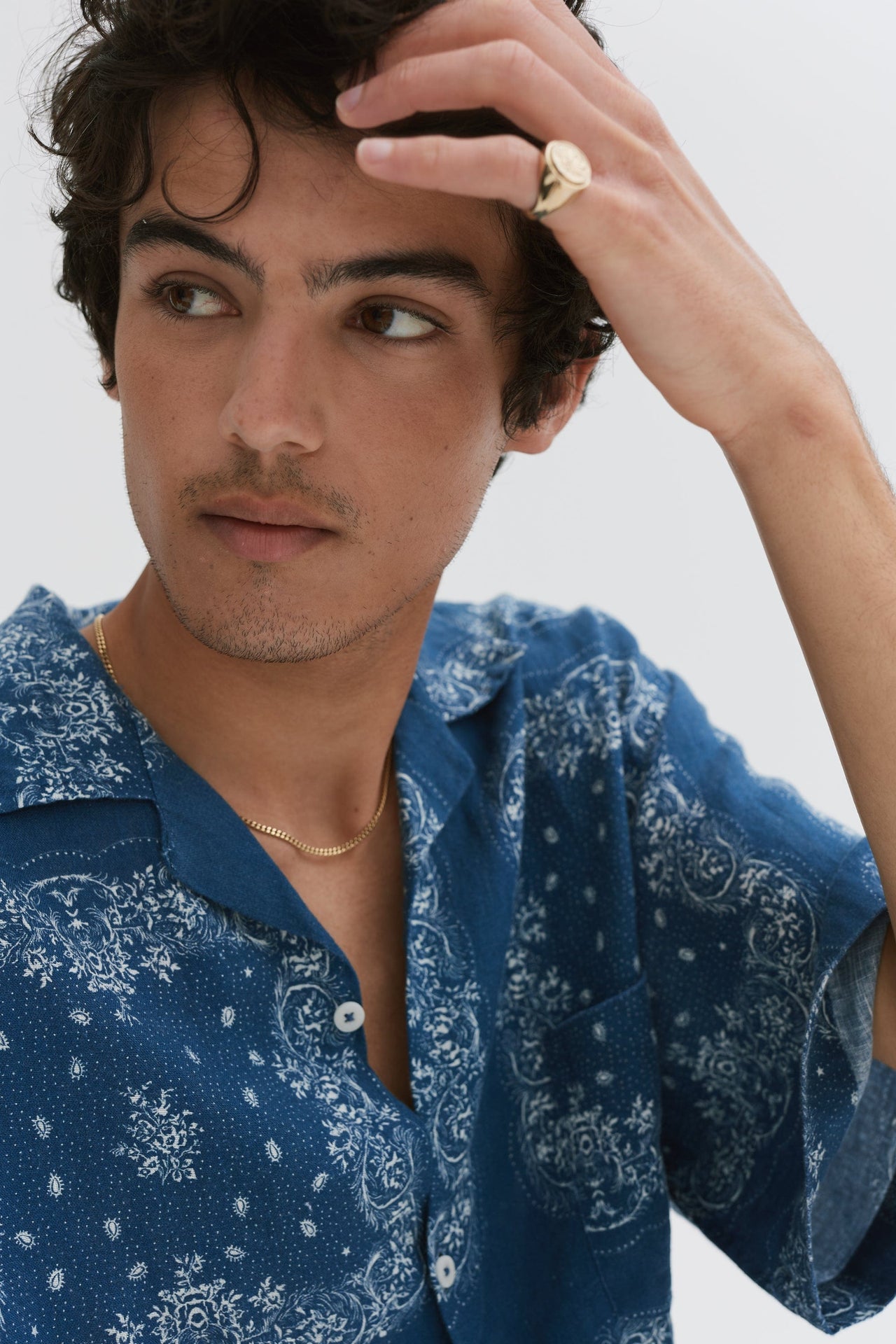 Men’s Cuban Pyjama Set Bandana Print Navy/Cream Linen