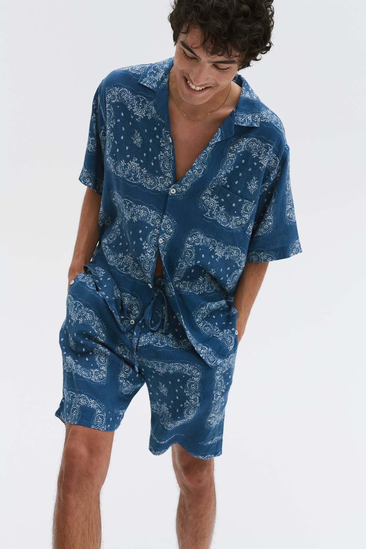 Men’s Cuban Pyjama Set Bandana Print Navy/Cream Linen