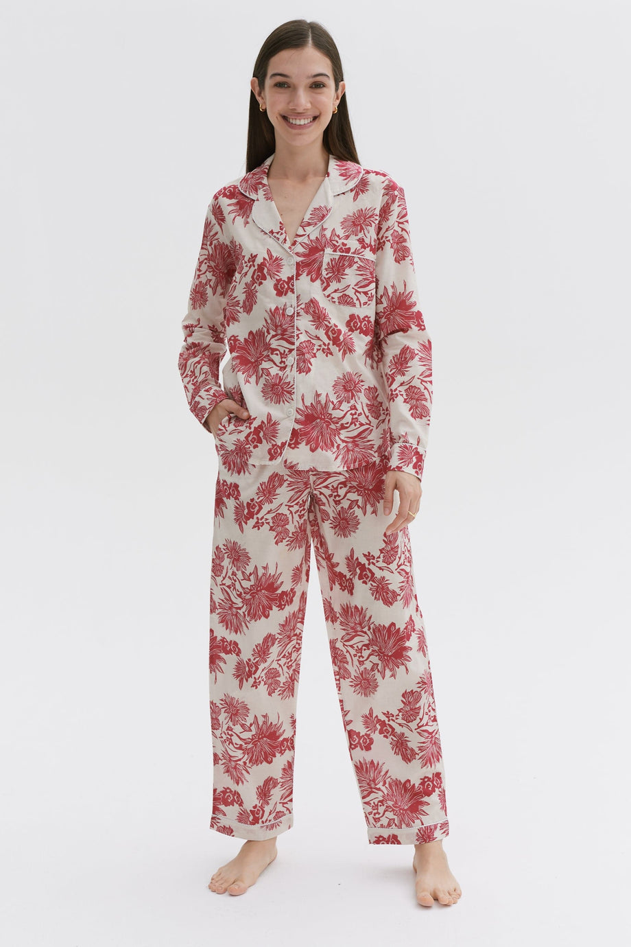 Long Pyjama Set Cactus Flower Print Pink/Ecru
