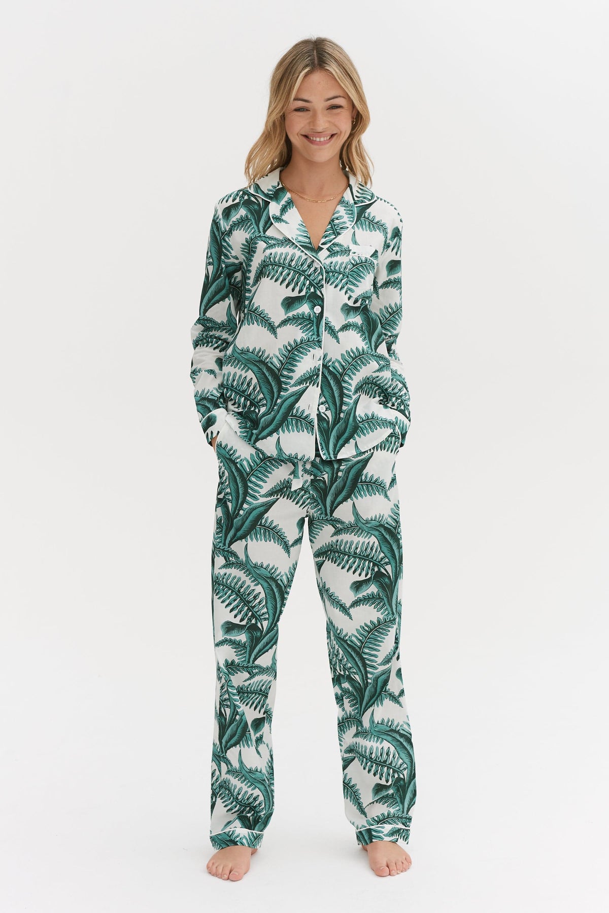 Long Pyjama Set Fern Print White Green