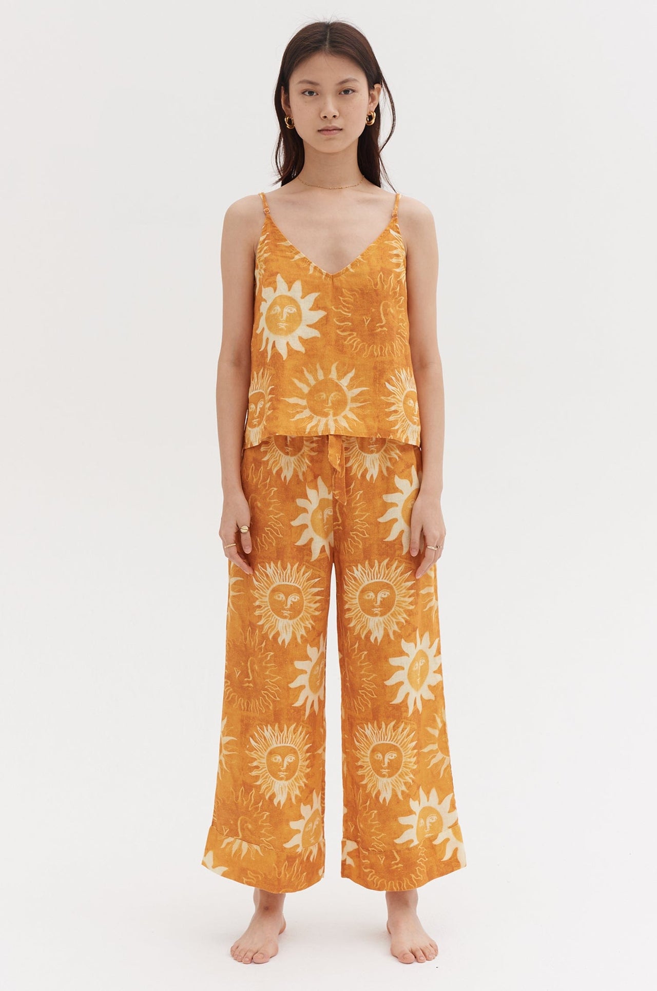 Cami & Wide Leg Set Sol Print Orange Linen