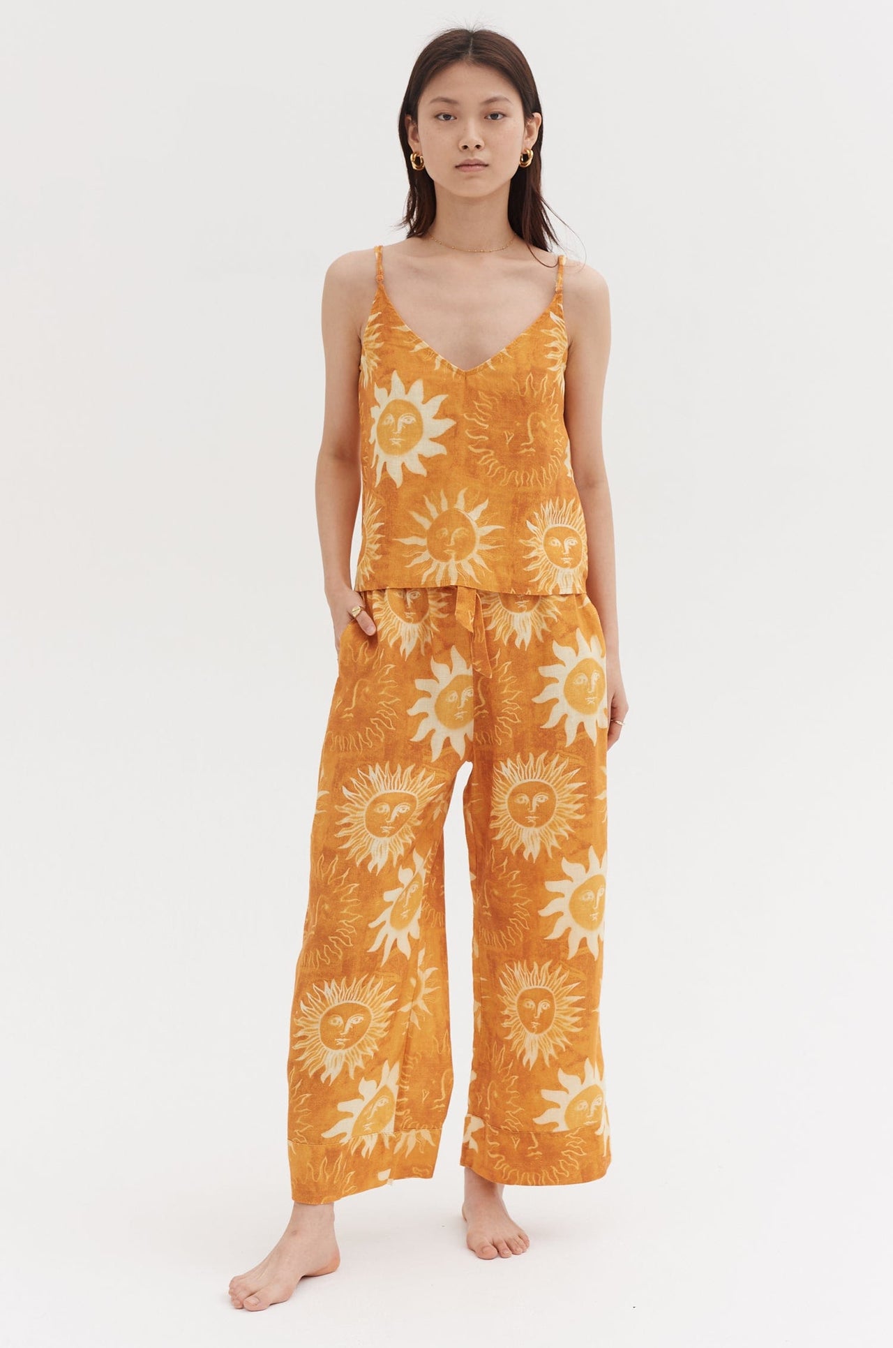 Cami & Wide Leg Set Sol Print Orange Linen