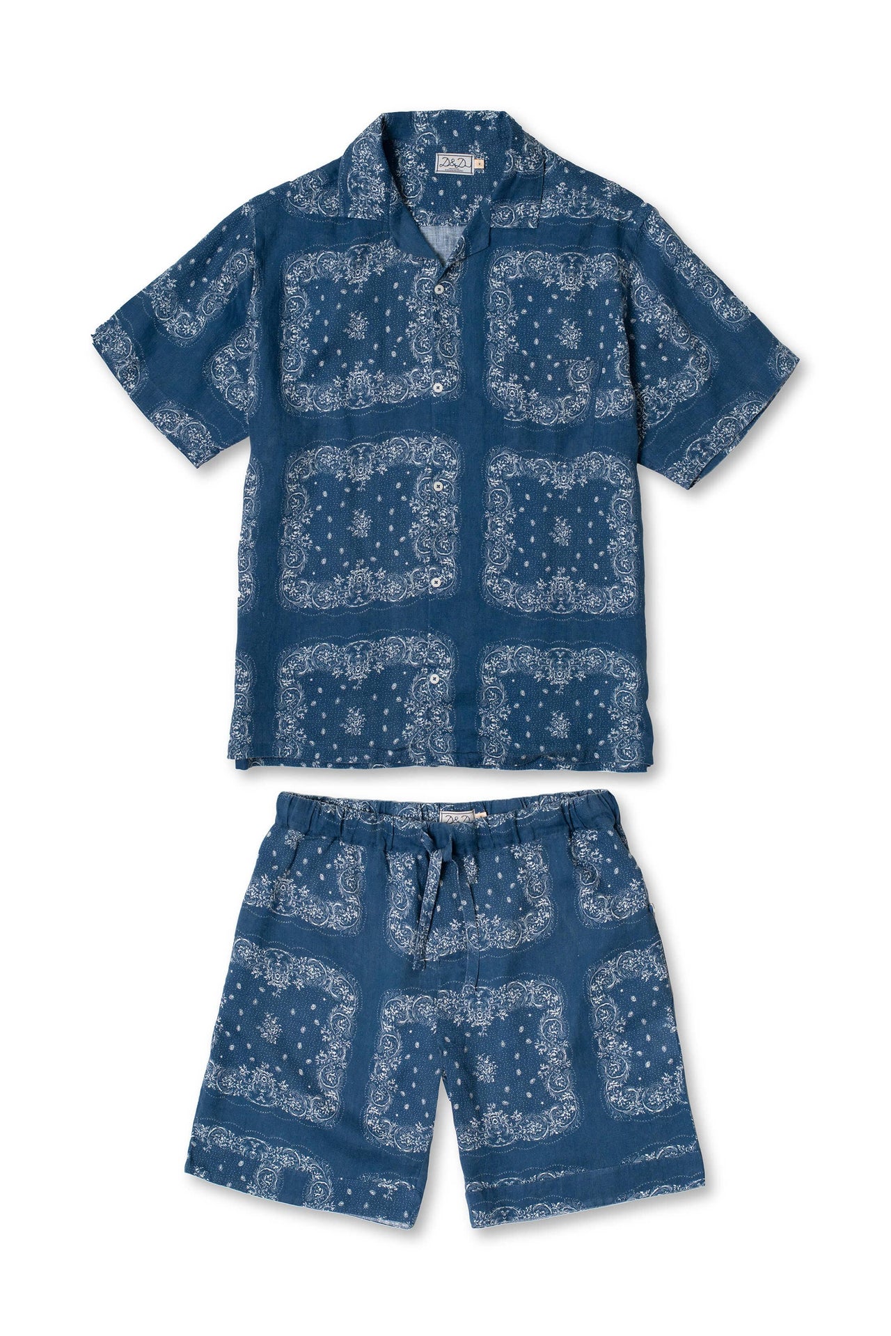 Men’s Cuban Pyjama Set Bandana Print Navy/Cream Linen