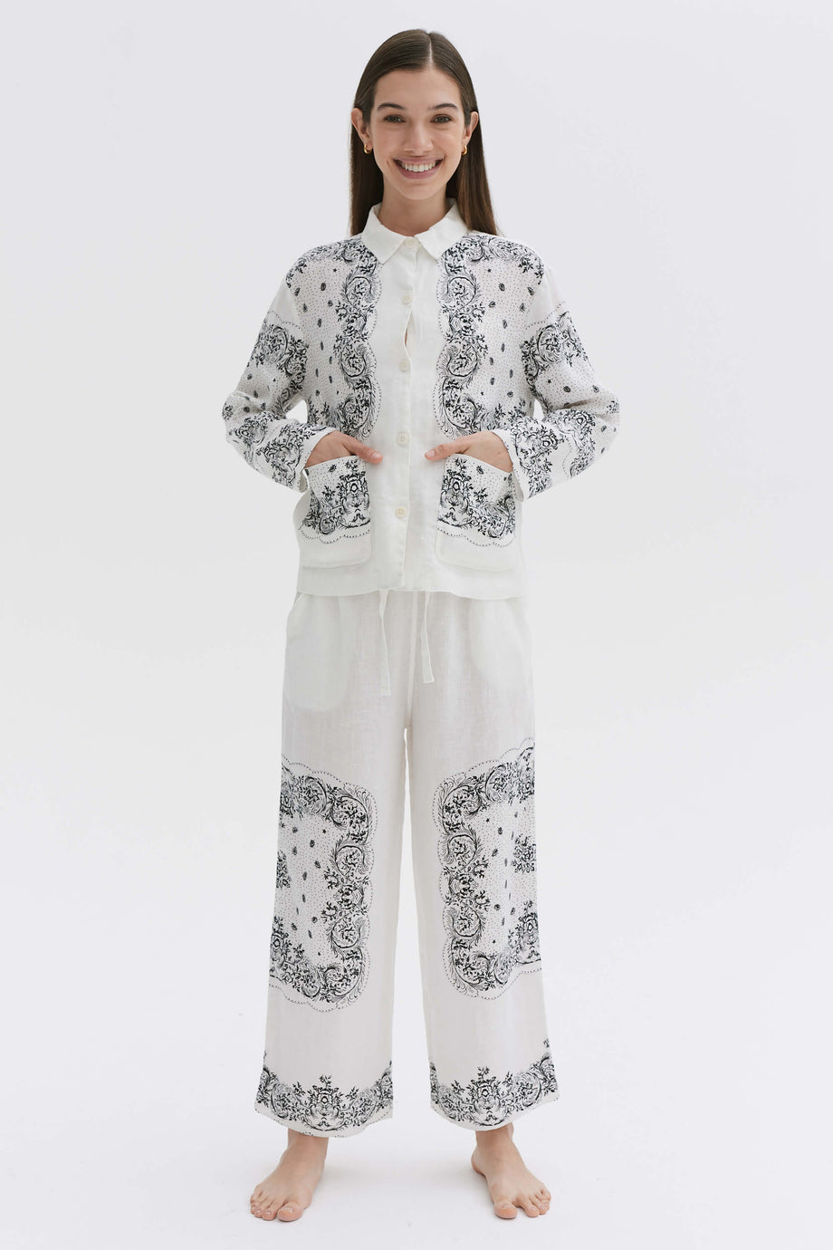 Pocket Pyjama Set Bandana Print Linen