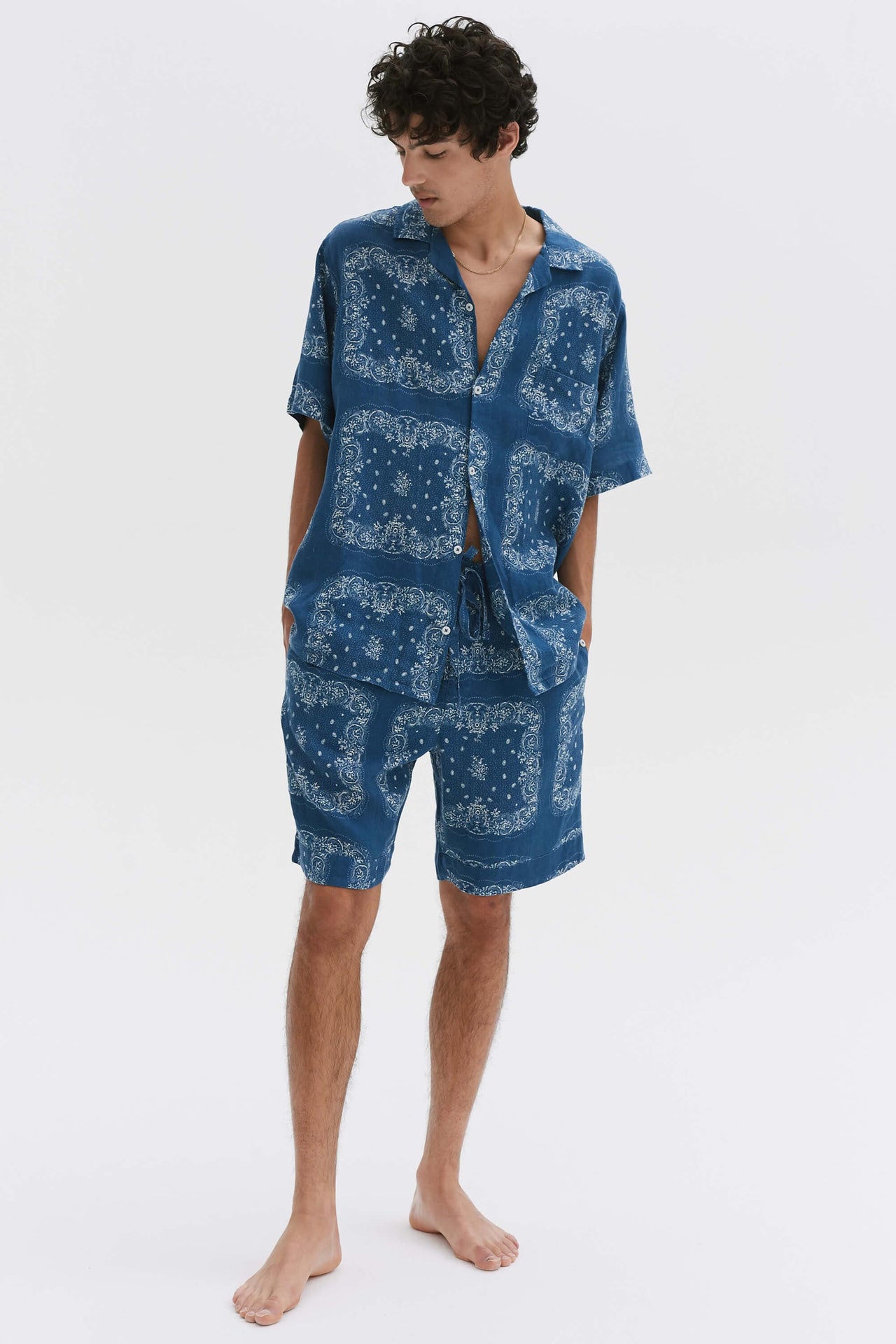 Men’s Cuban Pyjama Set Bandana Print Navy/Cream Linen
