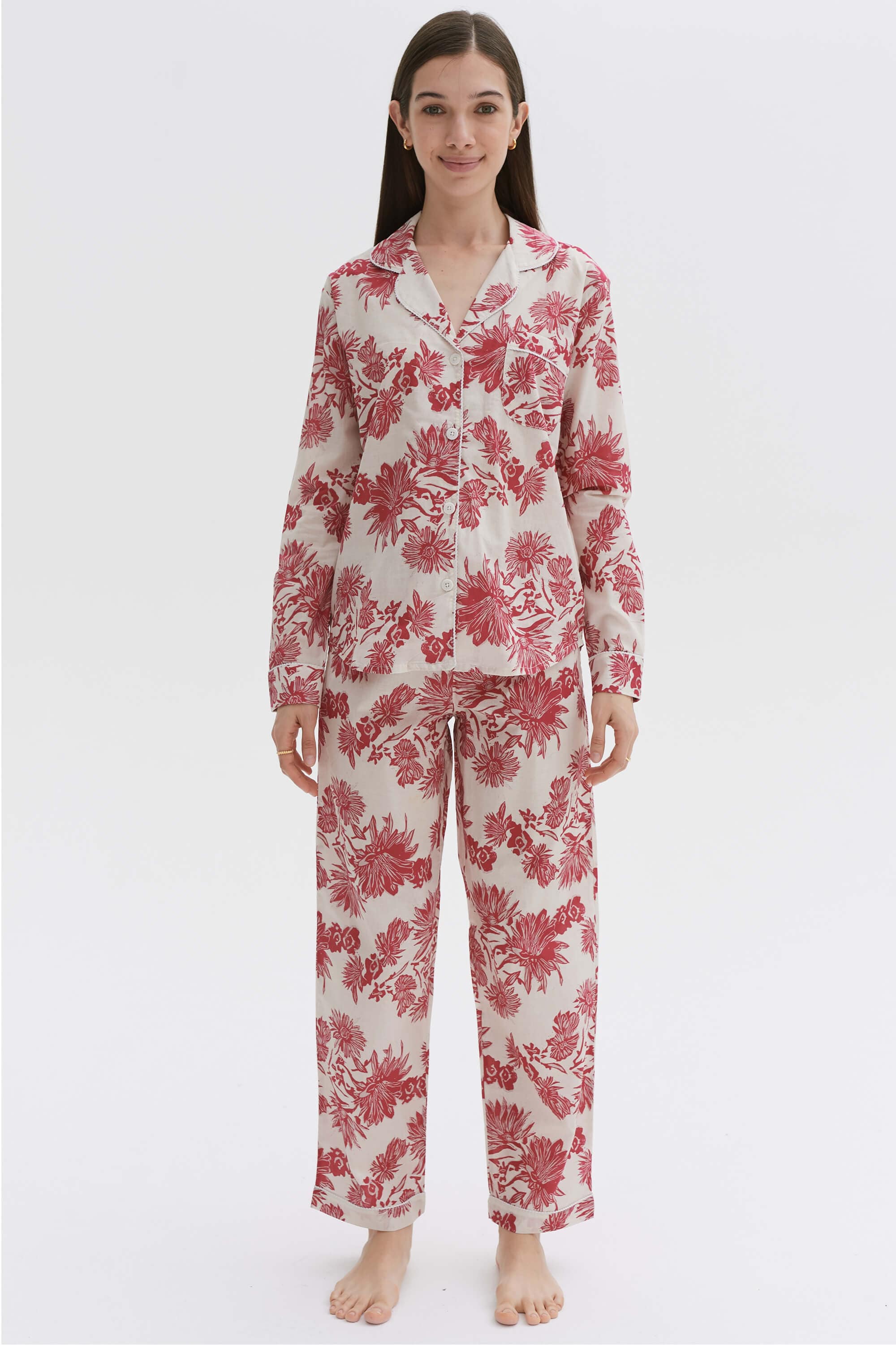 Long Pyjama Set Cactus Flower Print Pink Ecru