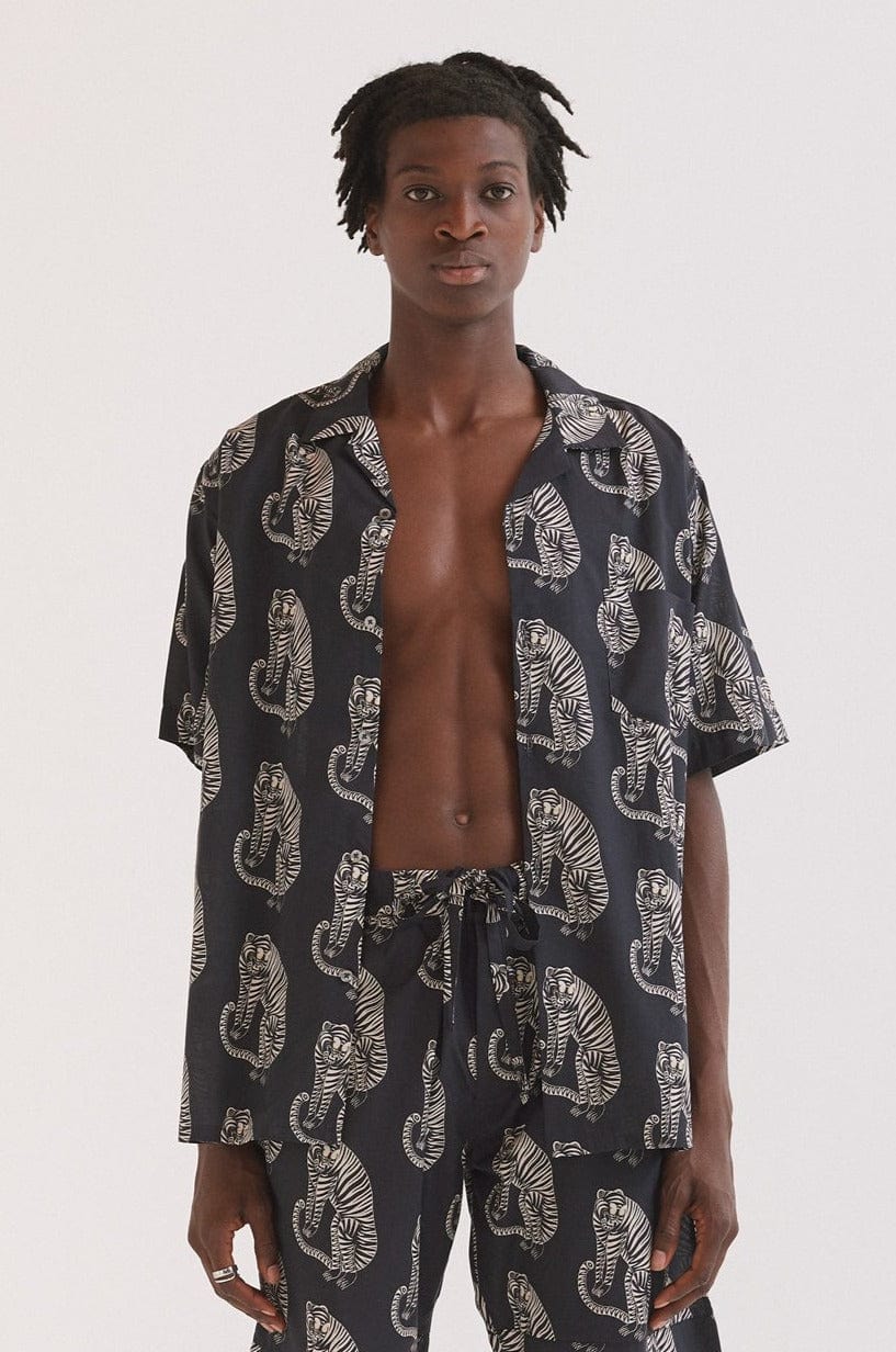 Men’s Cuban Pyjama Shirt Sansindo Tiger Print Black/Cream